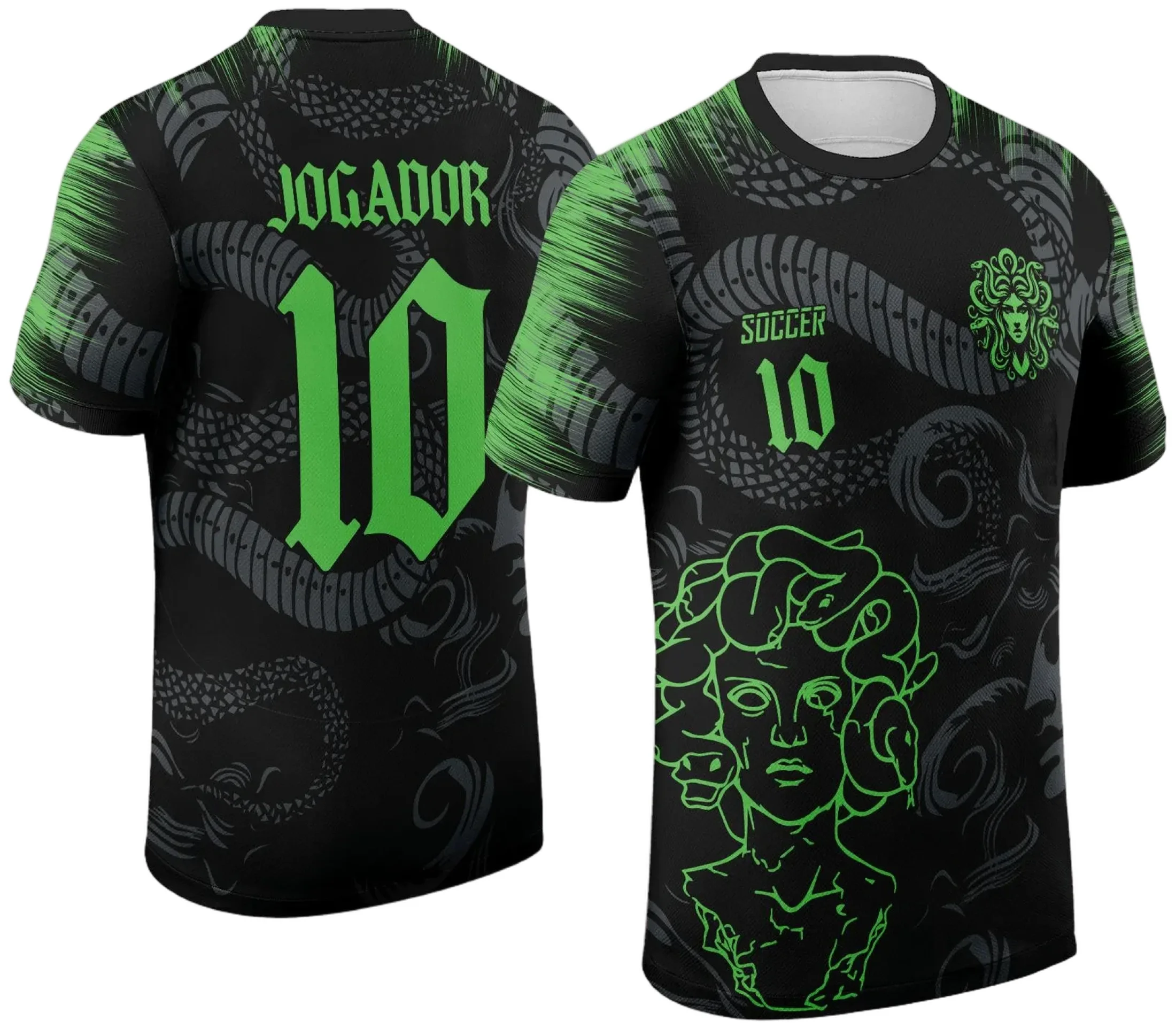 Camiseta unissex preta com logo no peito e estampa grande nas costas, tema Interclasse Medusa 2024 2025, perfeita para eventos escolares e confraternizações.