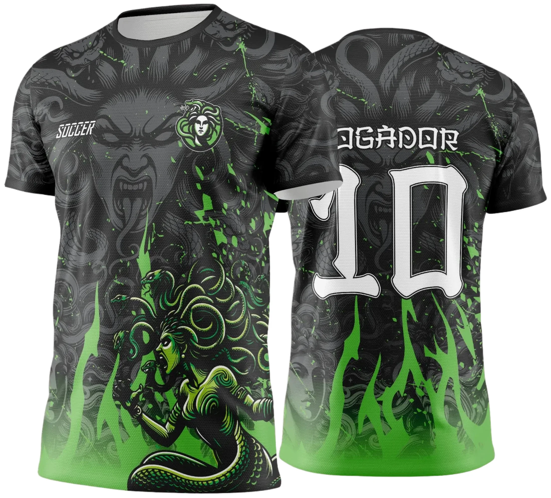 Camiseta unissex preta com logo no peito e estampa grande nas costas da Medusa Verde dos Jogos Internos 2024 2025, estilo esportivo e vibrante para interclasse.