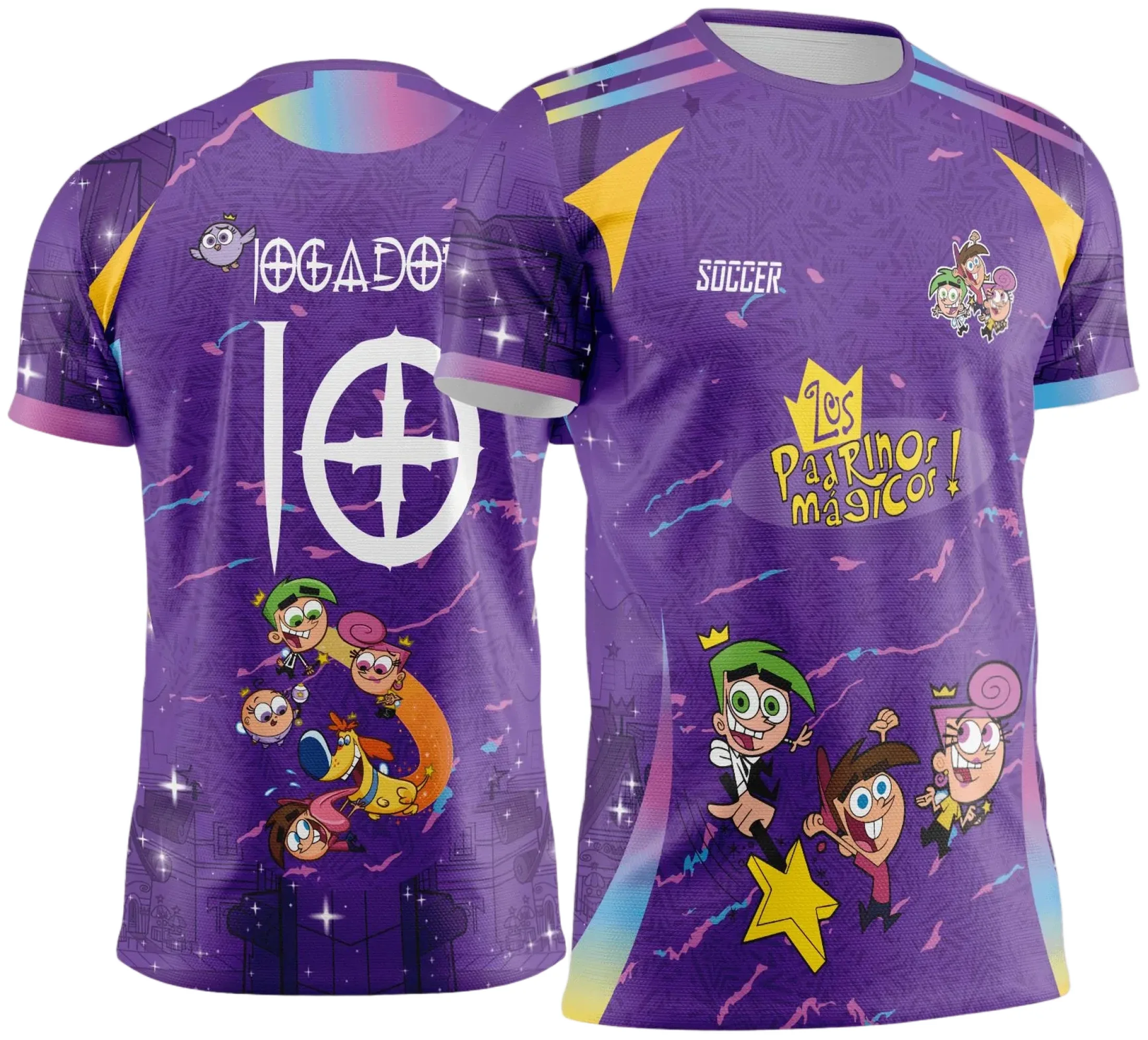 Camiseta unissex preta com logo no peito e estampa grande nas costas inspirada em Padrinhos Mágicos para Interclasse 2025, ideal para eventos e turmas.