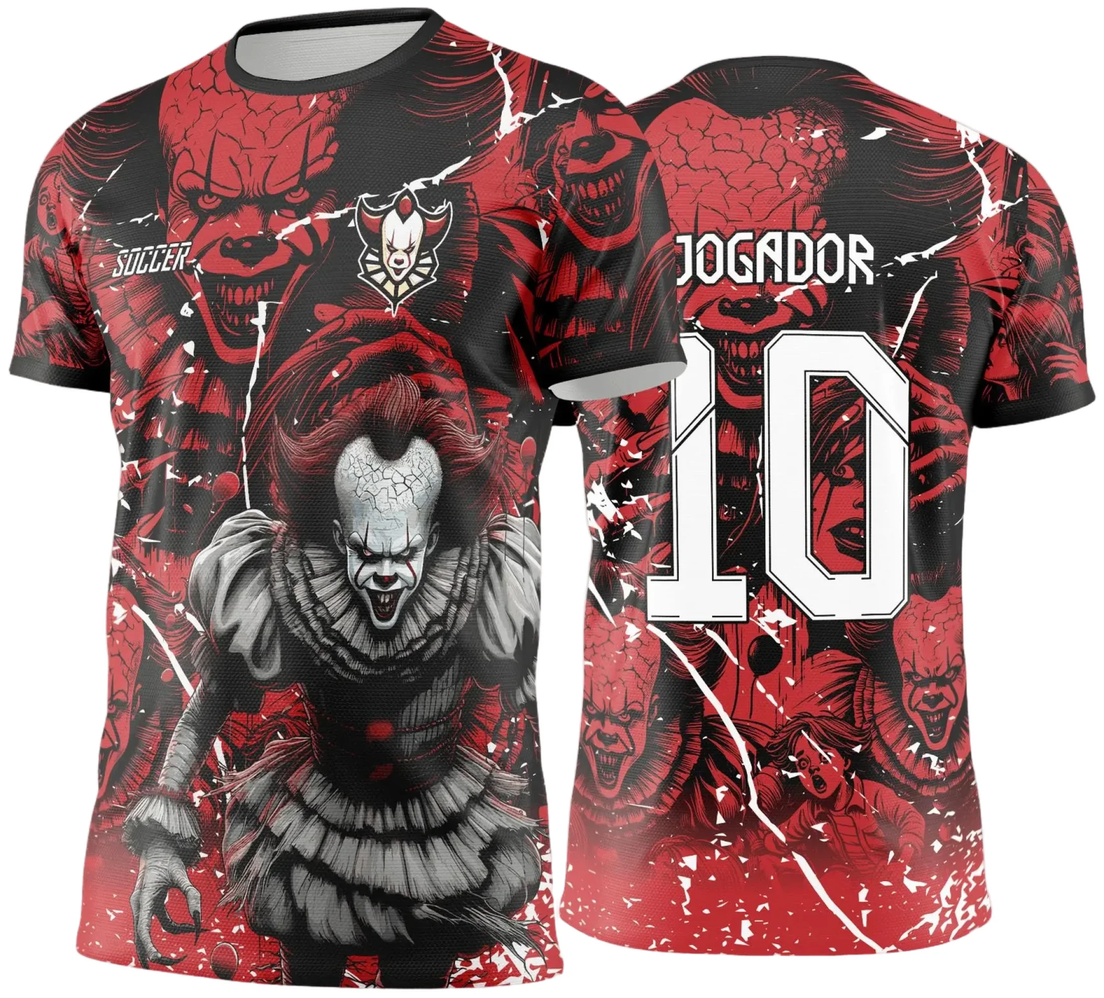 Camiseta unissex preta com logo no peito e estampa grande nas costas do personagem Pennywise para Interclasse 2025, design impactante e moderno, perfeita para fãs que querem se destacar.