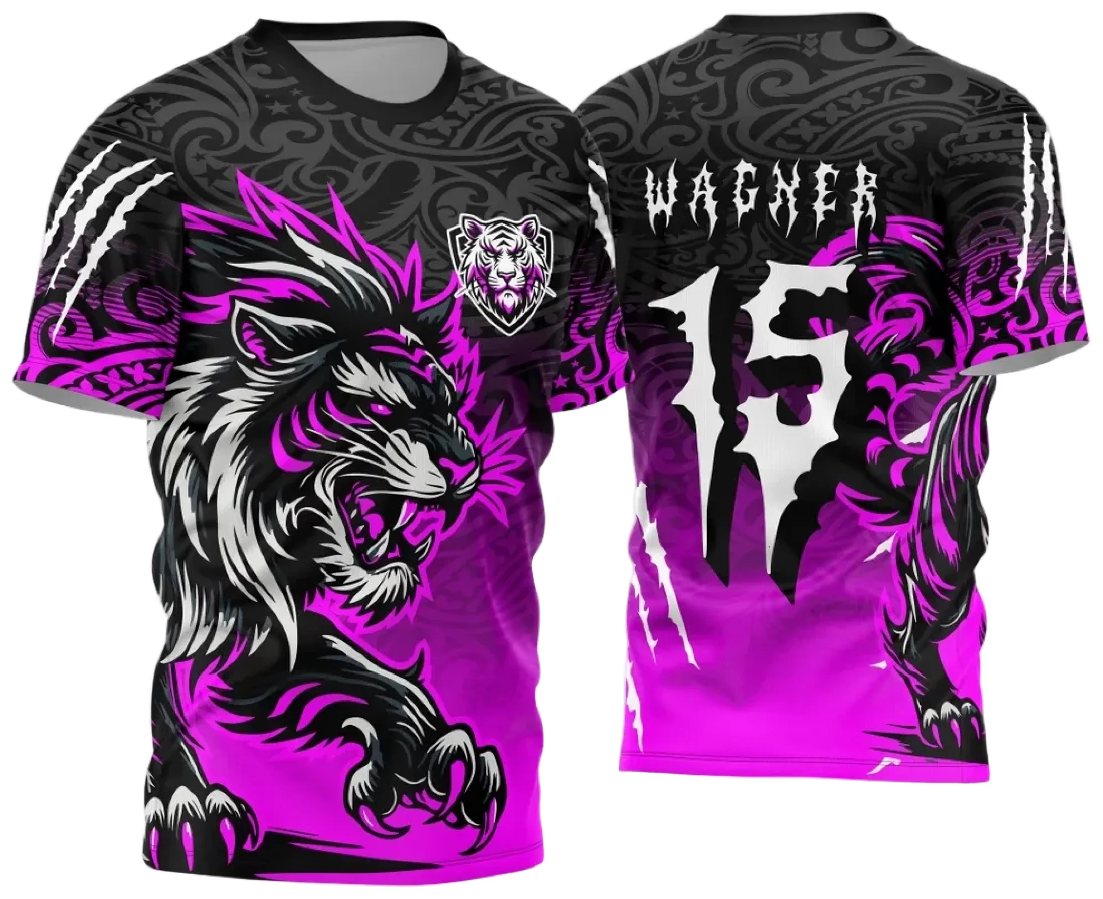 Camiseta unissex preta com logo no peito e estampa grande nas costas mostrando o tema Interclasse Tigre 2024 2025, design moderno e vibrante para entusiastas do evento.