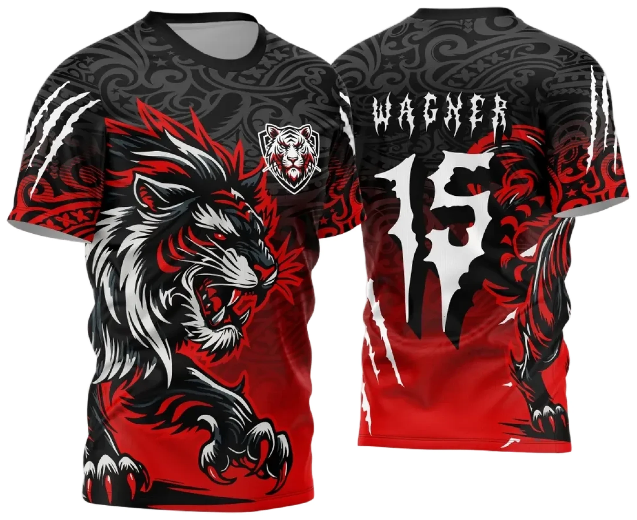 Camiseta unissex preta com logo no peito e estampa grande nas costas do Tigre Interclasse 2024 - 2025, ideal para eventos escolares e times com tema animal feroz.