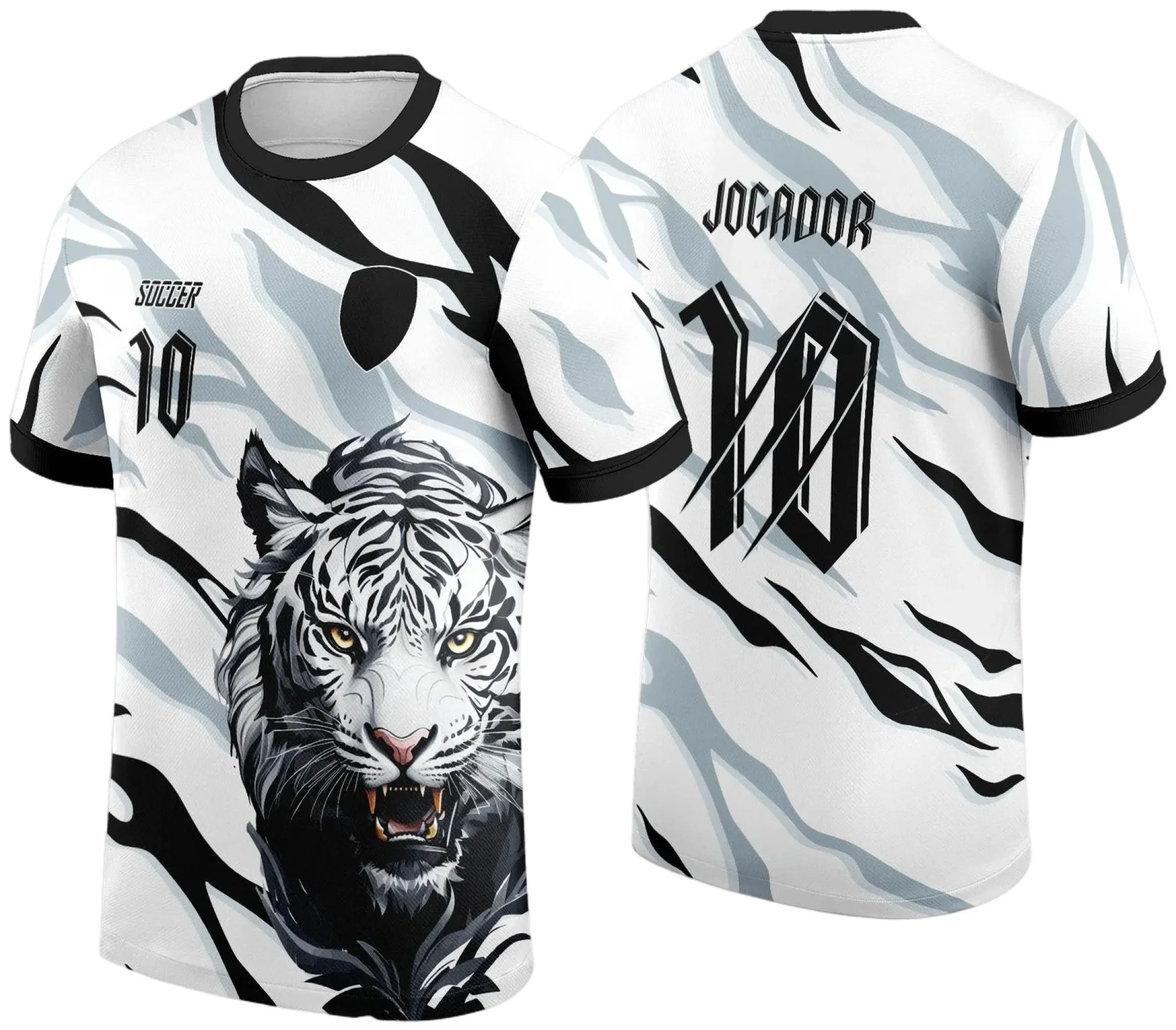 Camiseta unissex preta com logo no peito e estampa grande nas costas do Tigre Branco, tema Interclasse 2024 2025, design impactante para fãs e participantes do evento.