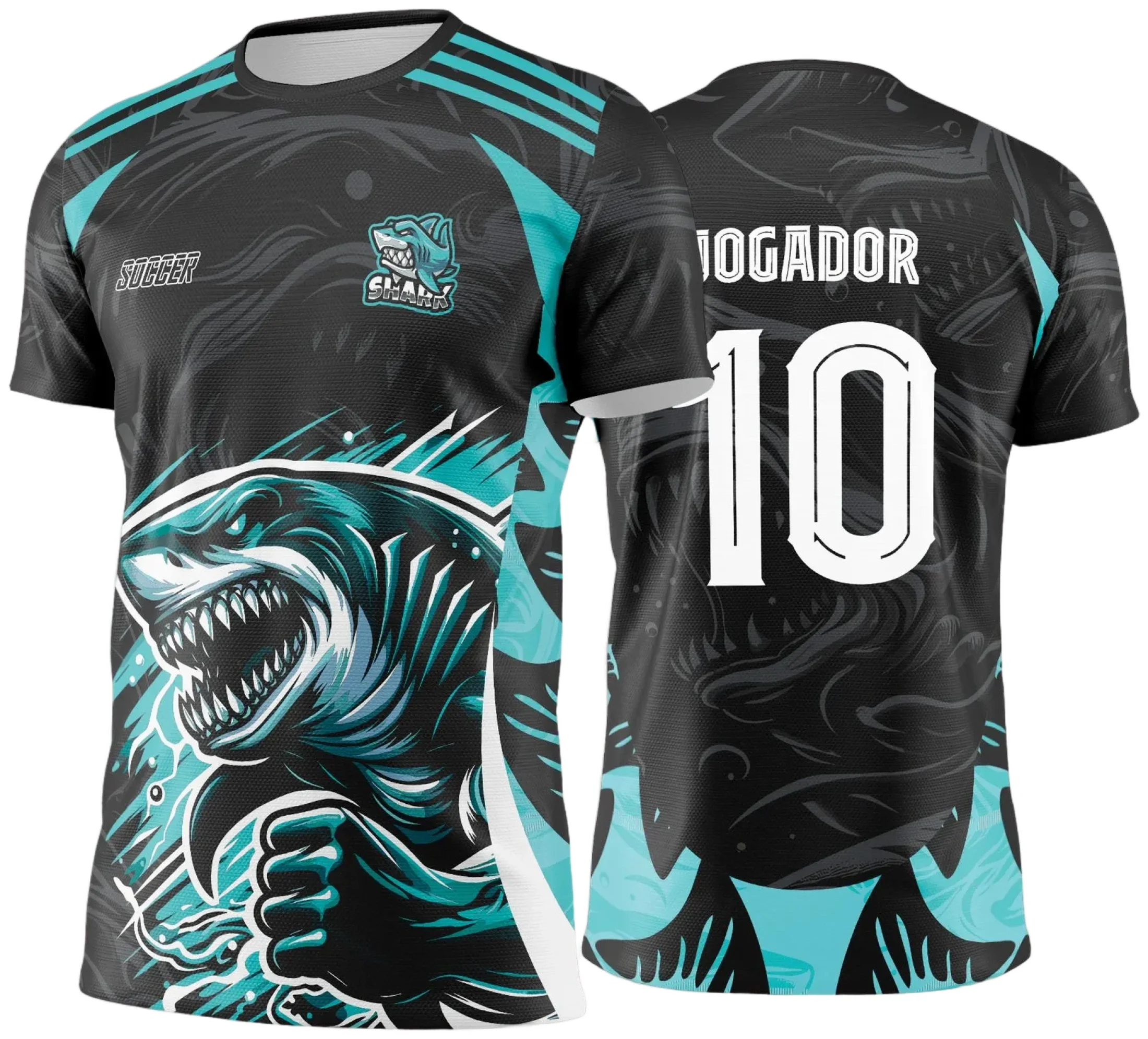 Camiseta unissex preta com logo no peito e estampa grande nas costas com tema Tubarão, ideal para eventos interclasse em 2025, destacando estilo moderno e esportivo.