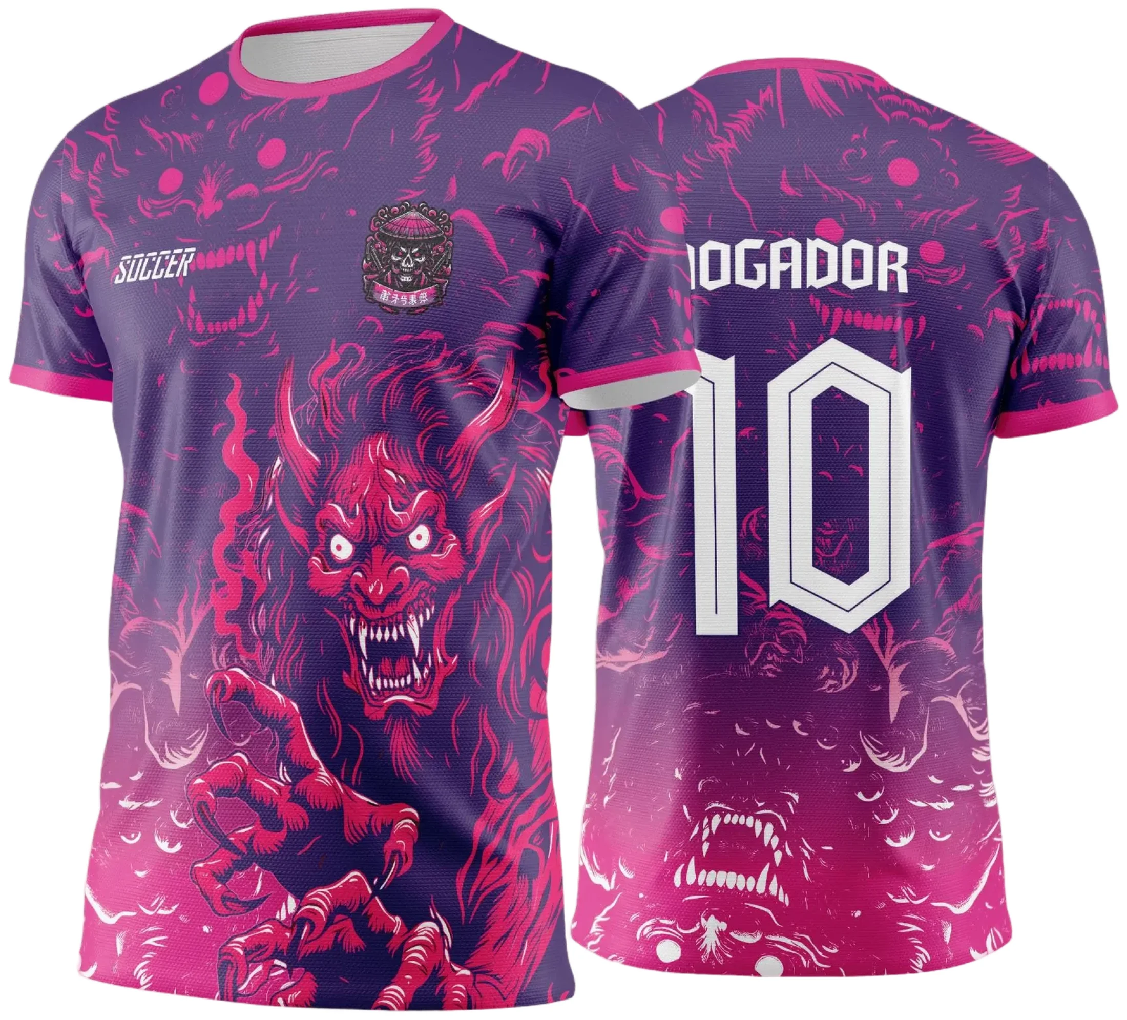 Camiseta unissex preta com logo no peito e estampa grande nas costas remetendo ao tema Interclasse Yokai dos Jogos Internos 2024/2025, visual moderno e vibrante para eventos esportivos.