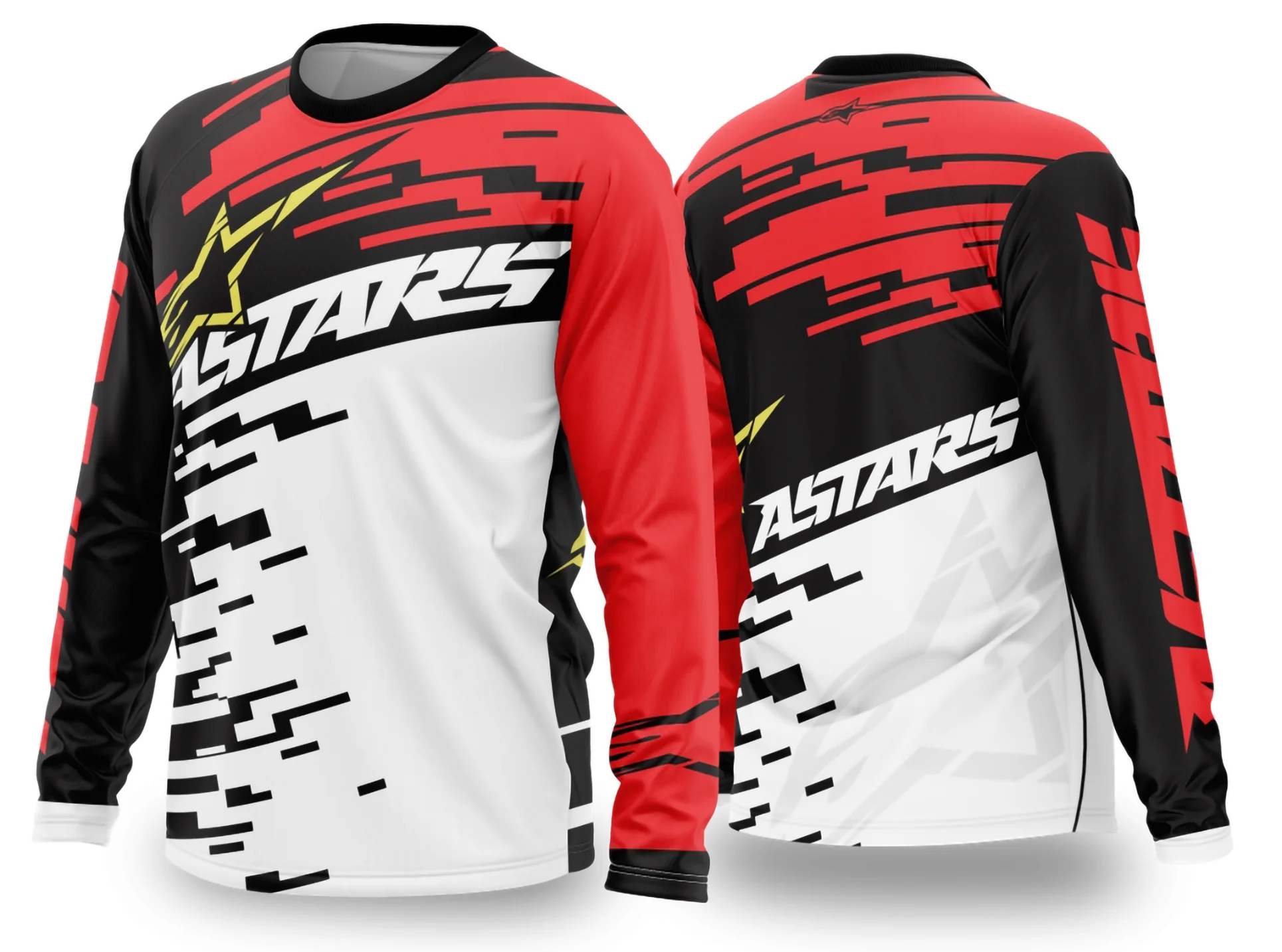 Camiseta unissex preta com logo no peito e estampa grande nas costas, temática motocross 2024 - 2025, estilo moderno e aventureiro, ideal para fãs do esporte em dia a dia.