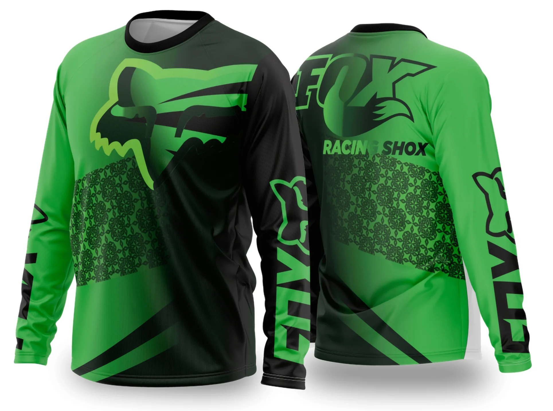 Camiseta unissex preta com logo no peito e estampa grande nas costas mostrando design motocross 2024-2025, perfeita para fãs do esporte com estilo moderno e arrojado.