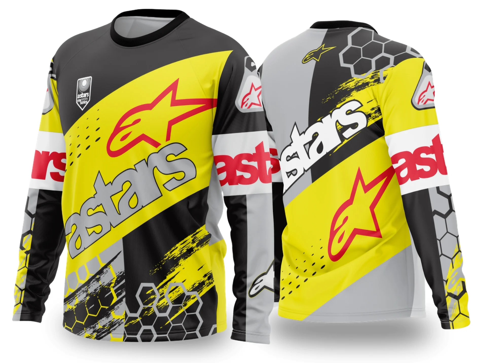 Camiseta unissex preta com logo no peito e estampa grande nas costas mostrando motocross 2024-2025 em design moderno e dinâmico, perfeita para fãs das corridas.