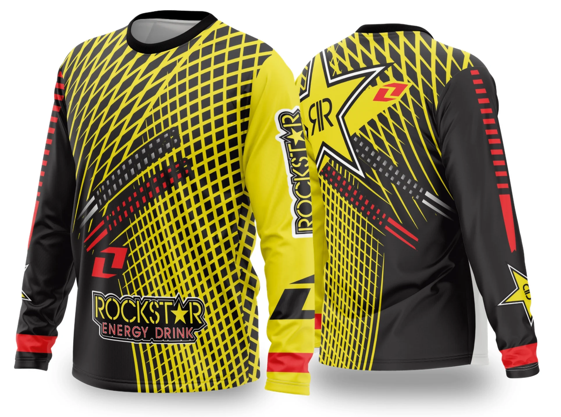 Camiseta unissex preta com logo no peito e estampa grande nas costas, tema motocross 2024-2025, design moderno e vibrante ideal para fãs do esporte.
