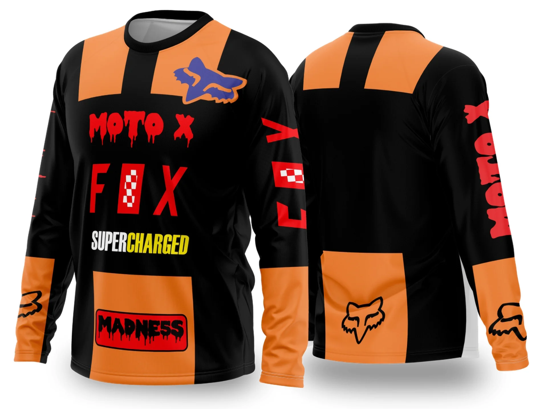 Camiseta unissex preta com logo no peito e estampa grande nas costas do tema Motocross 2024 - 2025, estilo moderno e vibrante para apaixonados por motociclismo.
