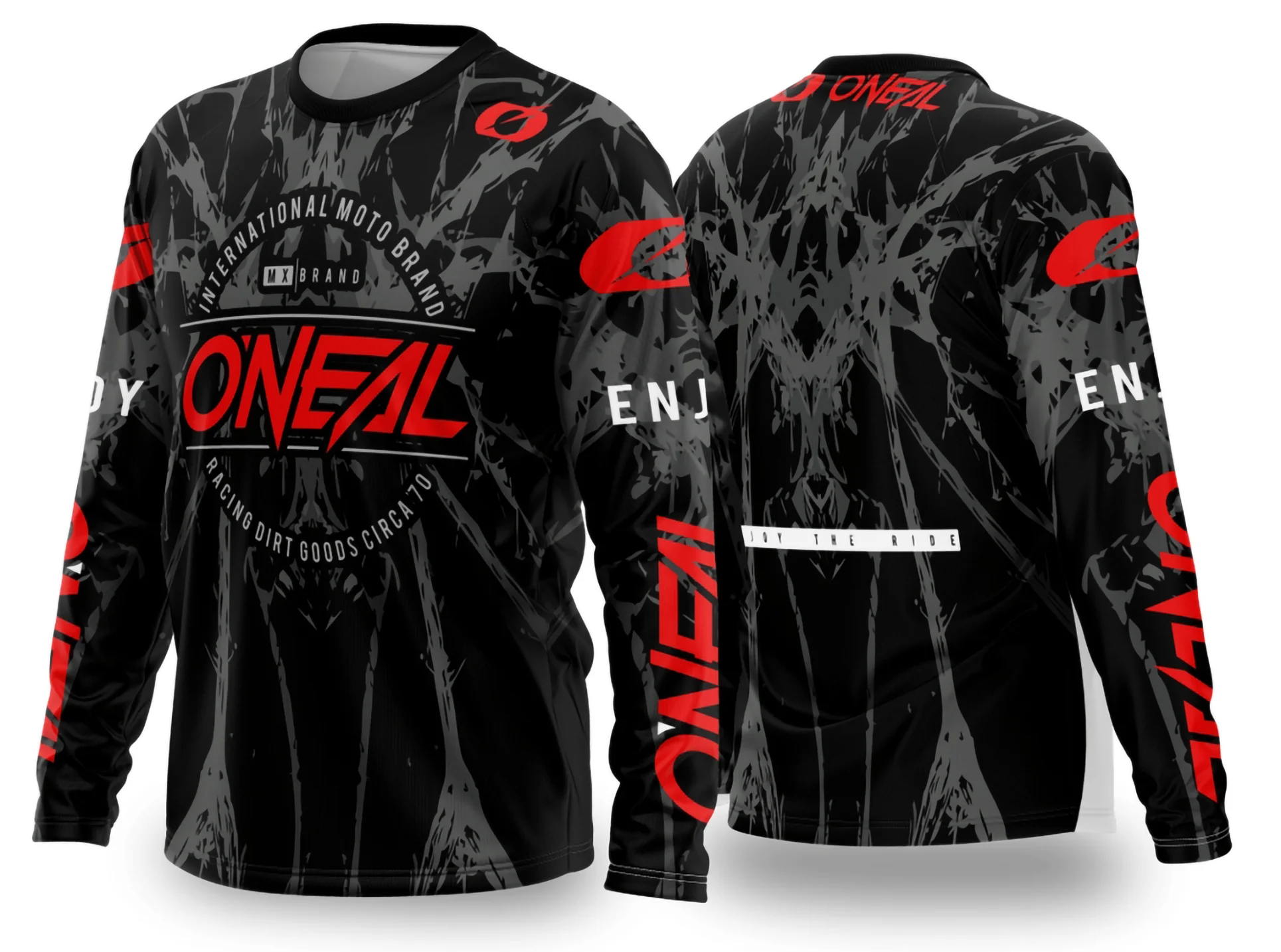 Camiseta unissex preta com logo no peito e estampa grande nas costas, tema motocross 2024-2025, design moderno e impactante para quem ama aventura e adrenalina.