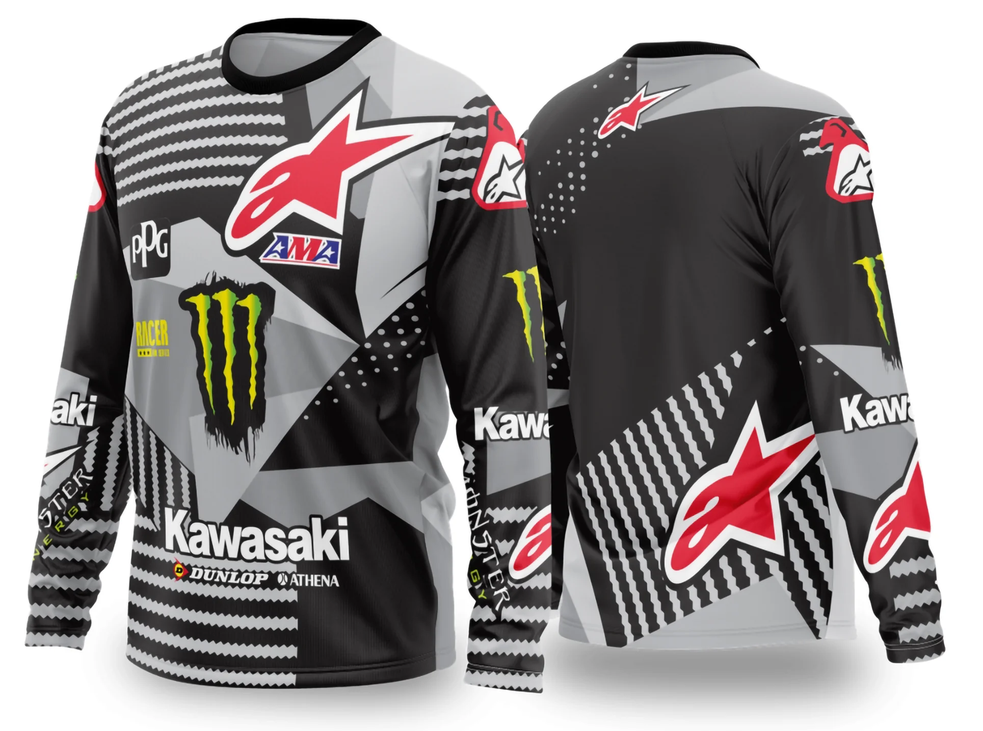Camiseta unissex preta com logo no peito e estampa grande nas costas mostrando design motocross 2024-2025, ideal para fãs do esporte e estilo off-road.