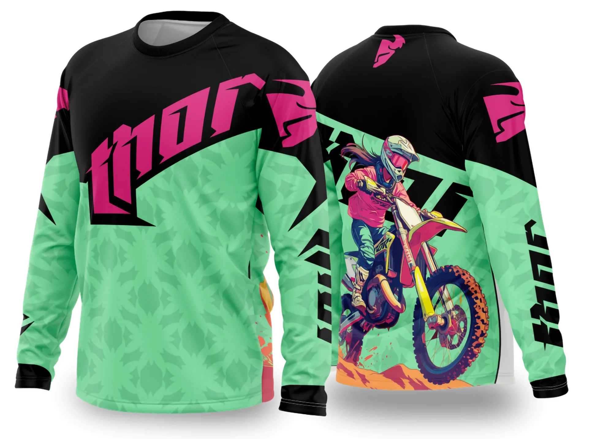 Camiseta unissex preta com logo no peito e estampa grande nas costas com tema Motocross 2024 2025, design esportivo e moderno, ideal para fãs do motocross e eventos.