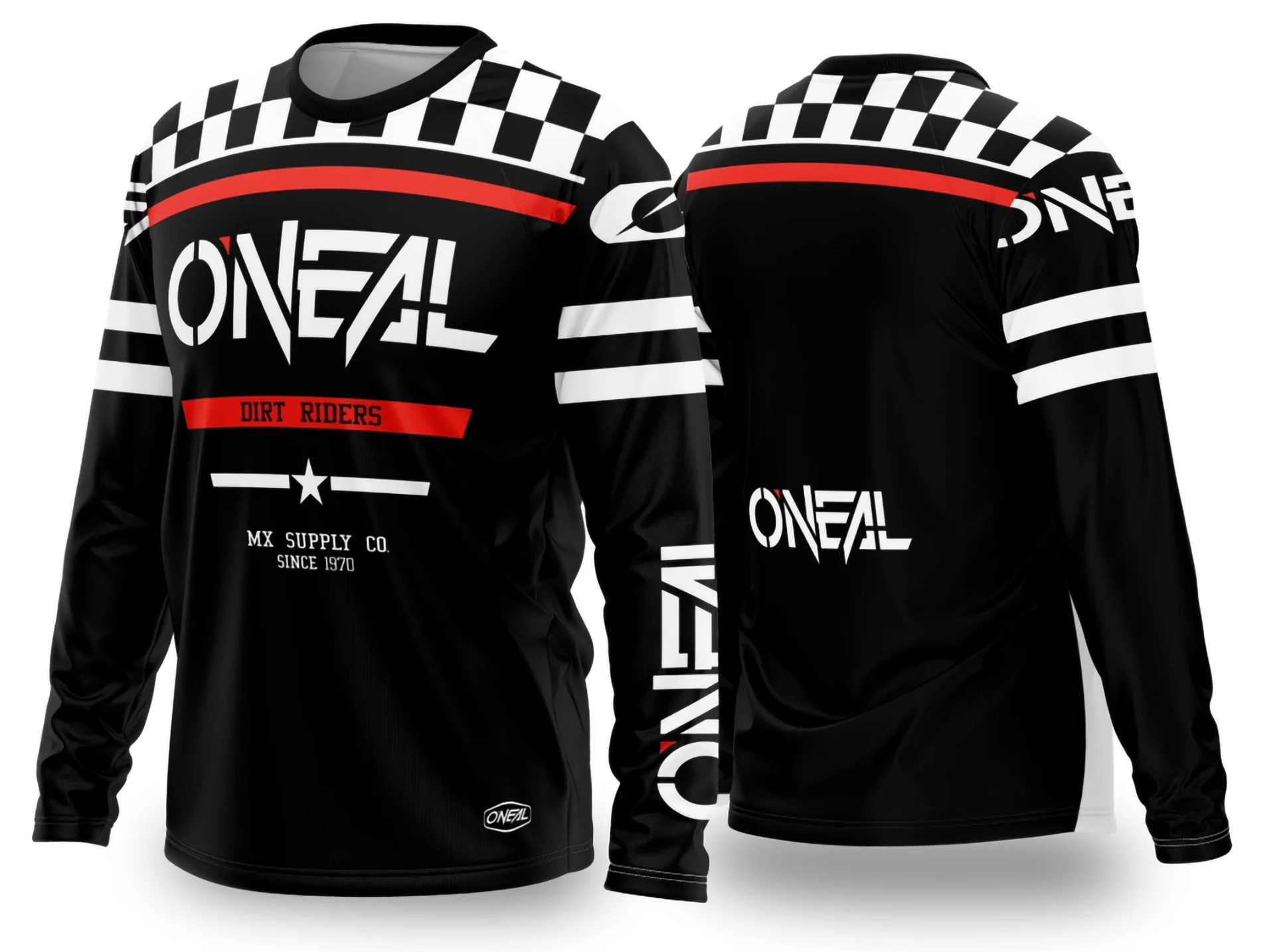 Camiseta unissex preta com logo no peito e estampa grande nas costas com tema motocross 2024 - 2025, design robusto e estilo moderno ideal para fãs do esporte off-road.