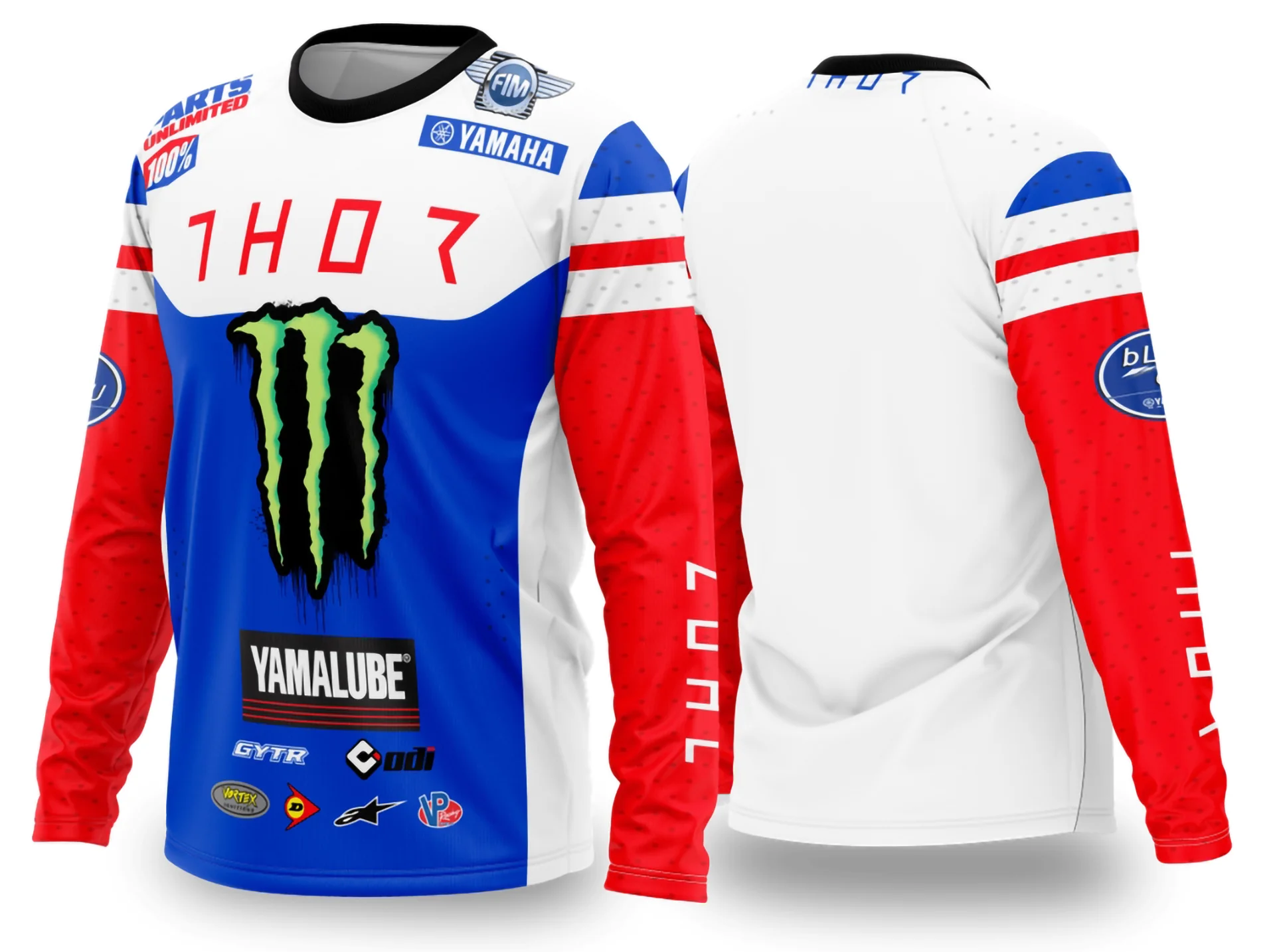 Camiseta unissex preta com logo no peito e estampa grande nas costas, tema motocross 2024 2025, estilo moderno e esportivo, ideal para fãs de motocross.