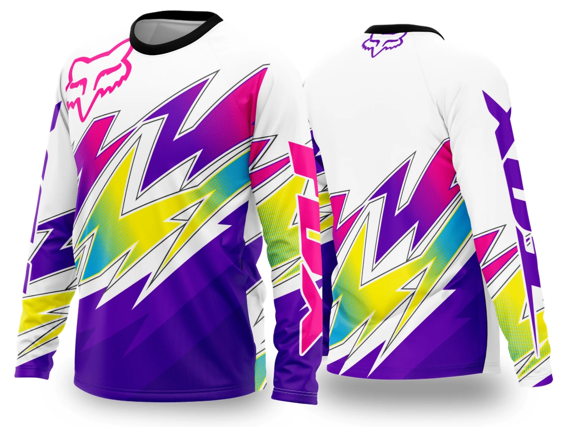 Foto de camiseta unissex preta com logo no peito e estampa grande nas costas com design de motocross 2024 - 2025, perfeita para fãs do esporte com visual moderno e arrojado.