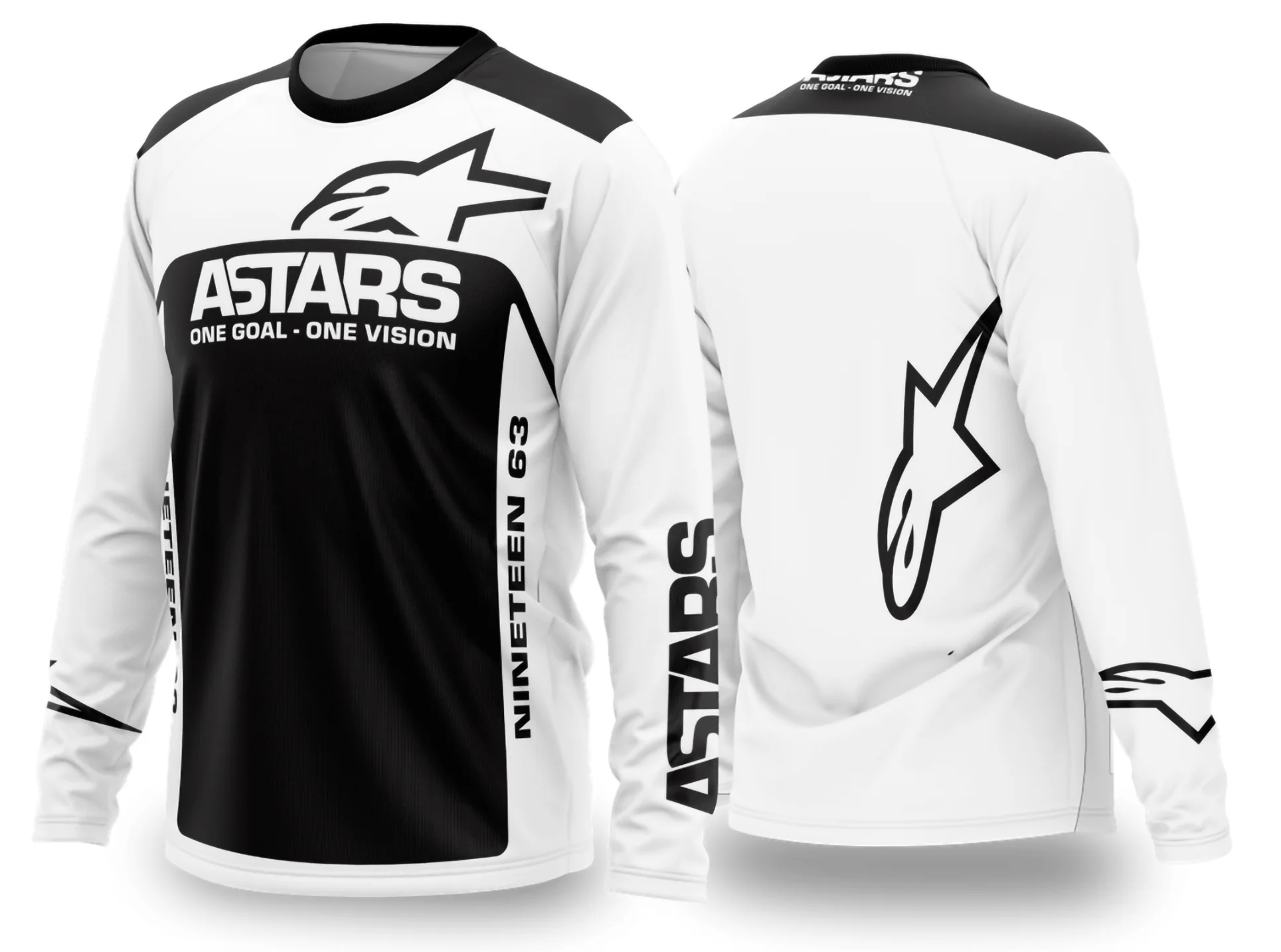 Camiseta unissex preta com logo no peito e estampa grande nas costas, exibindo design inspirado em Motocross 2024 2025, perfeita para fãs do esporte.