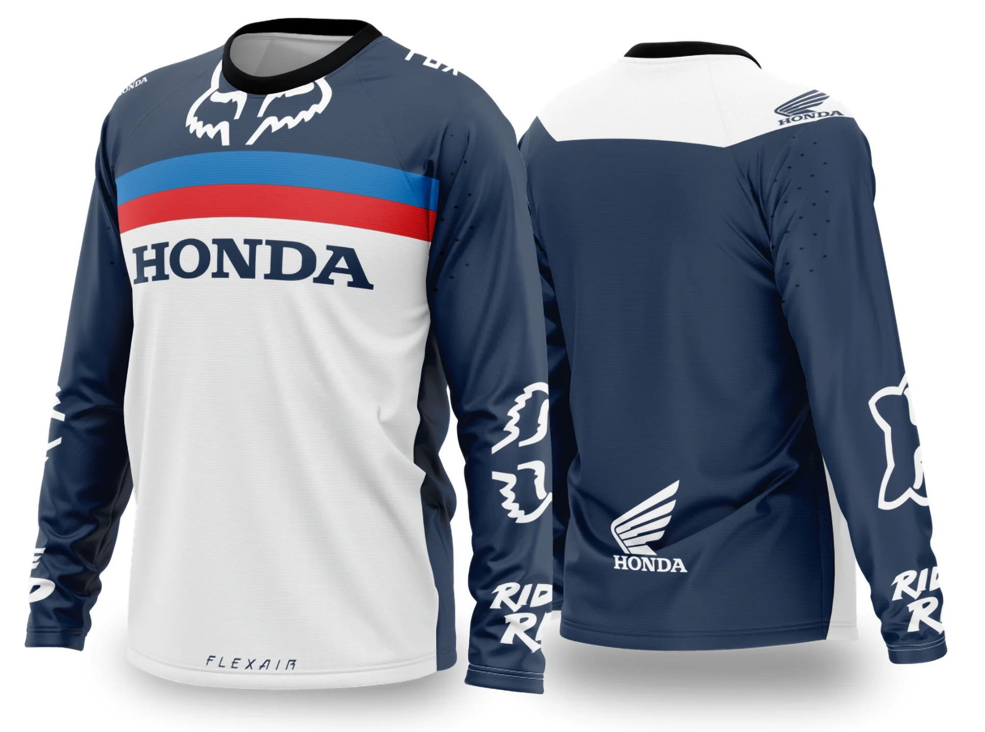 Camiseta unissex preta com logo no peito e estampa grande nas costas mostrando design motocross 2024-2025, ideal para fãs e atletas do esporte.