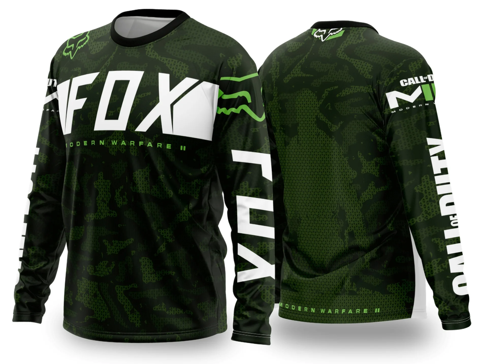 Camiseta unissex preta com logo no peito e estampa grande nas costas mostrando design vibrante de motocross 2024 2025, perfeita para fãs do esporte e estilo em alta.