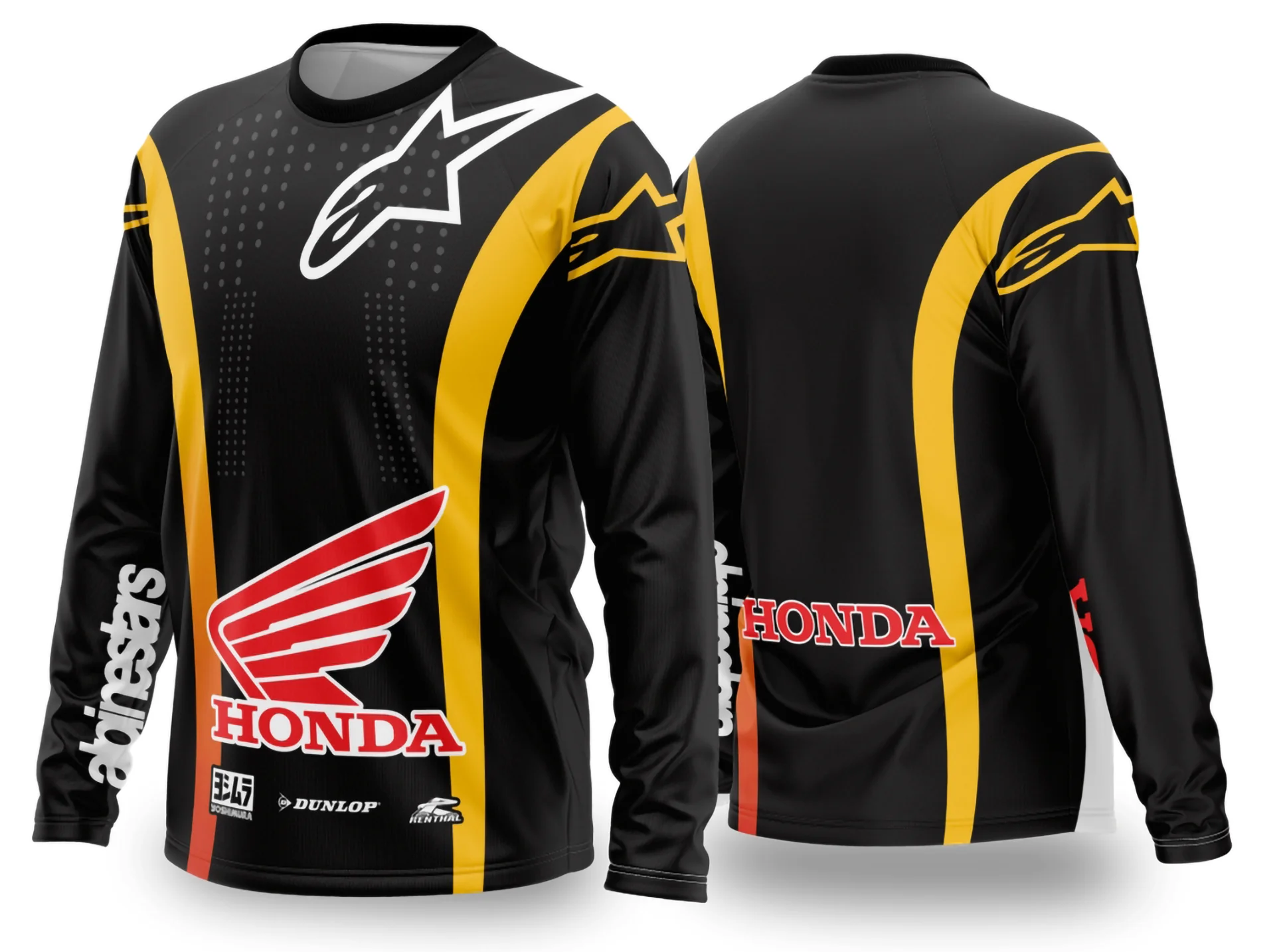 Camiseta unissex preta com logo no peito e estampa grande nas costas inspirada no motocross 2024-2025, ideal para fãs do esporte em visual moderno e aventureiro.