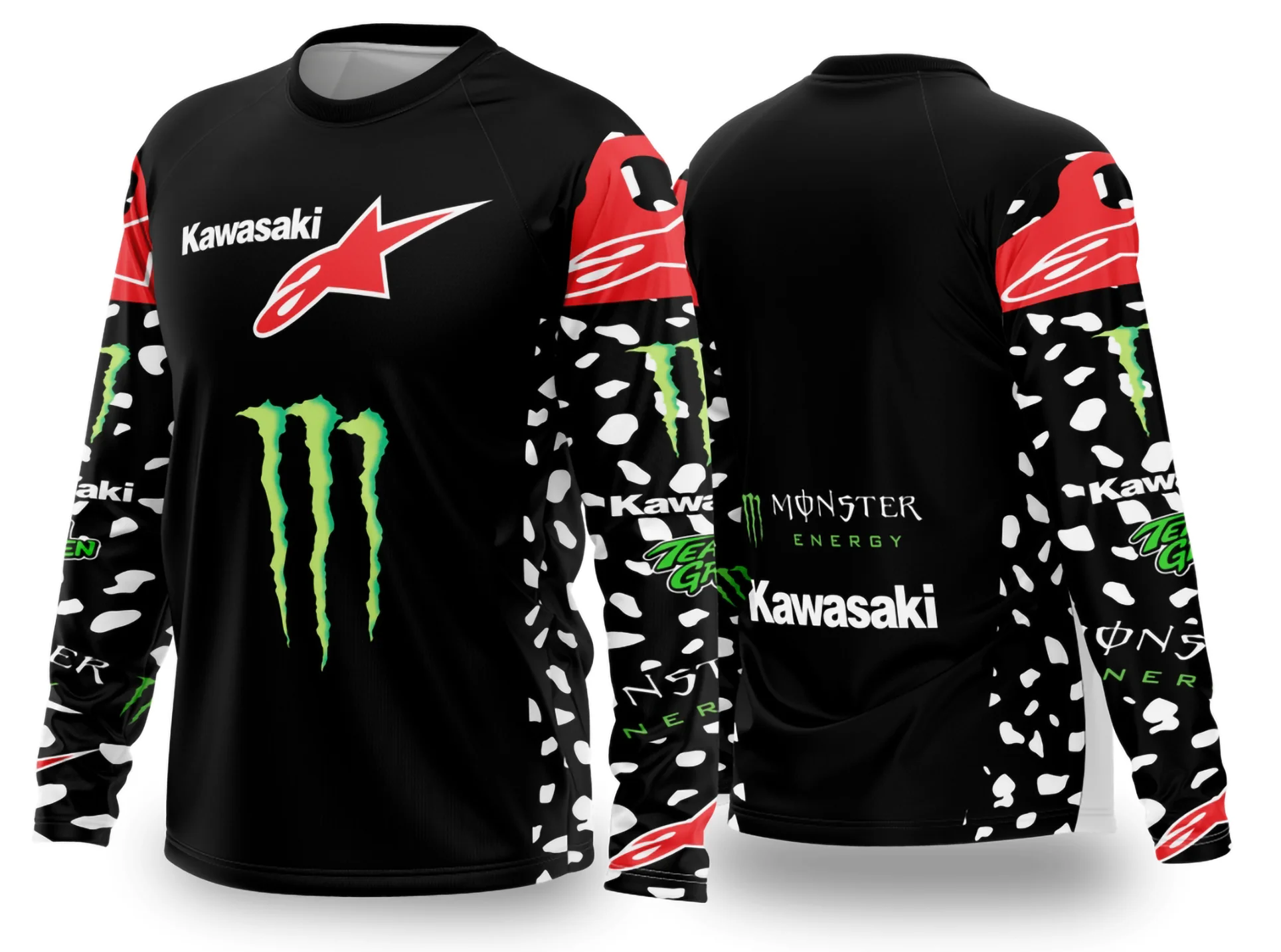 Camiseta unissex preta com logo no peito e estampa grande nas costas, tema motocross 2024 - 2025, visual moderno e arrojado para fãs do esporte.