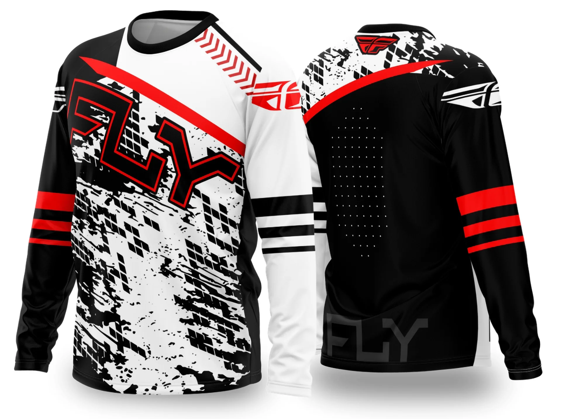 Camiseta unissex preta com logo no peito e estampa grande nas costas mostrando design motocross 2024-2025 moderno e atraente, ideal para fãs do esporte.