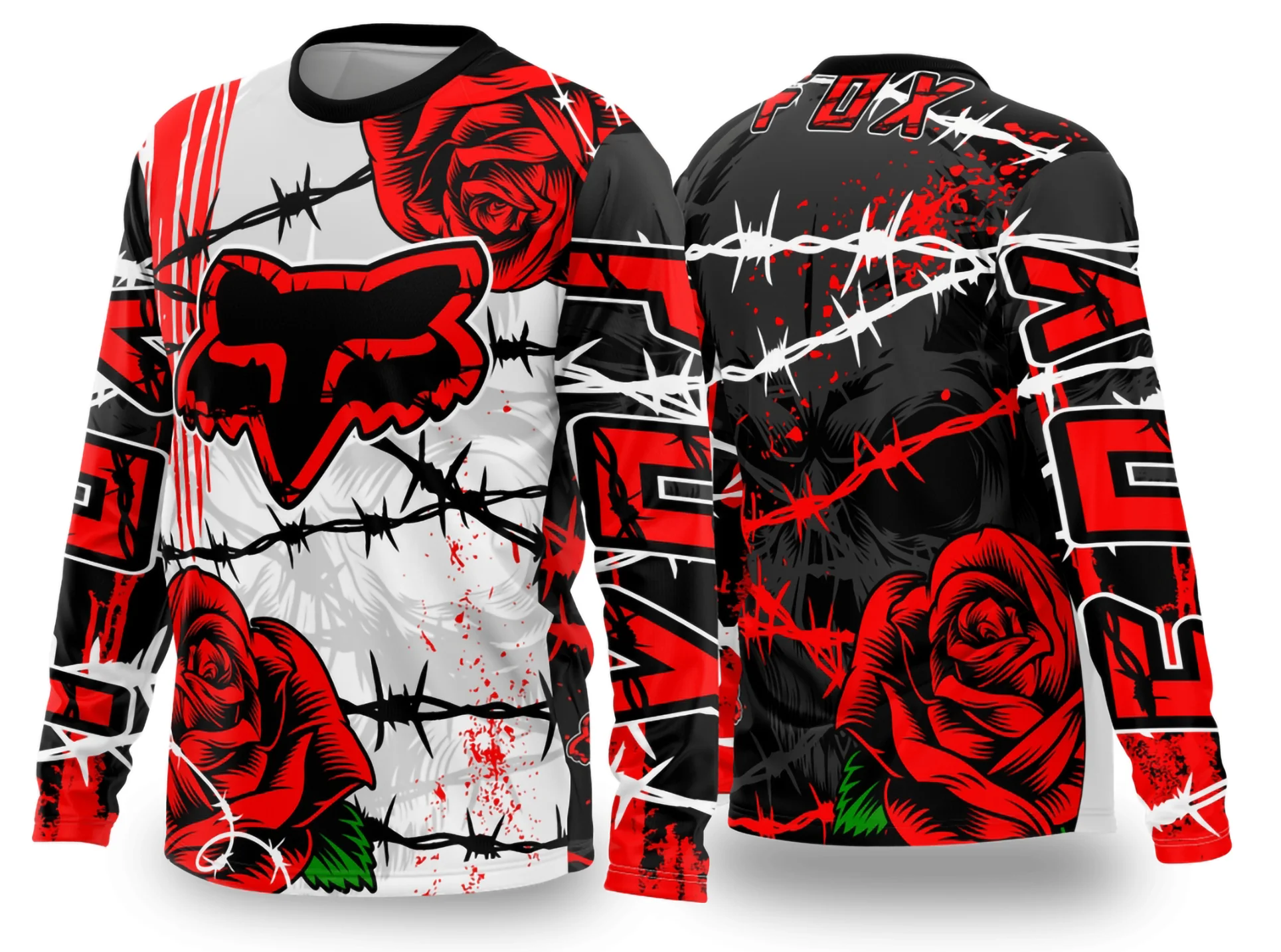 Camiseta unissex preta com logo no peito e estampa grande nas costas, tema Motocross 2024-2025, perfeita para fãs de motocross com design moderno e vibrante.