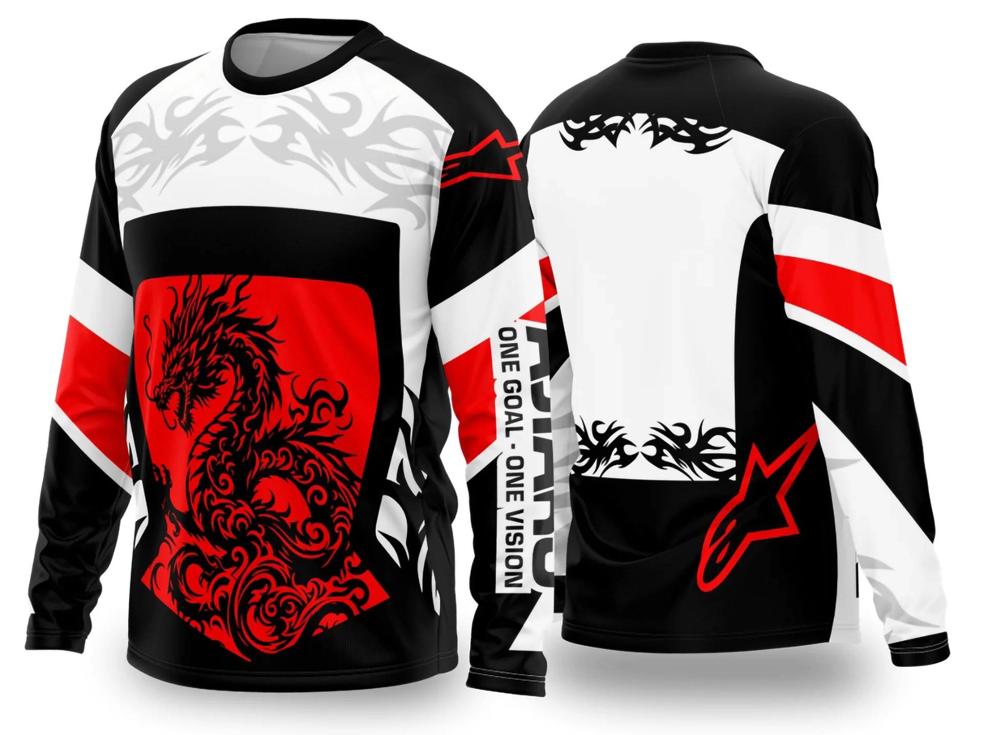 Camiseta unissex na cor preta com logo no peito e estampa grande nas costas inspirada em motocross 2024 - 2025, ideal para fãs do esporte e estilo radical.