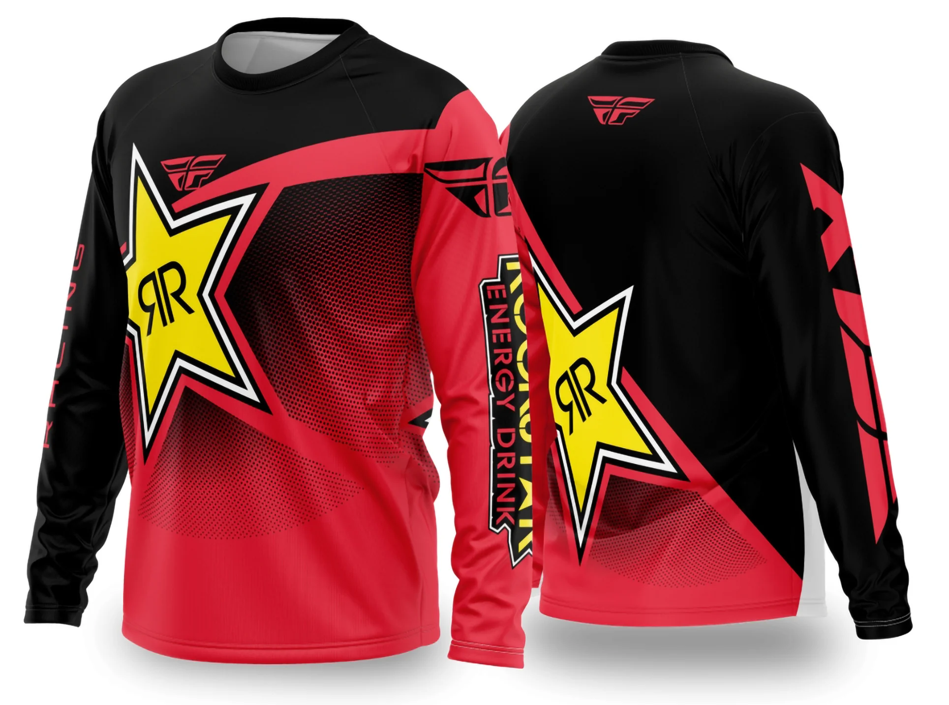 Camiseta unissex preta com logo no peito e estampa grande nas costas temática de Motocross 2024-2025, ideal para fãs da modalidade, destacando energia e velocidade.