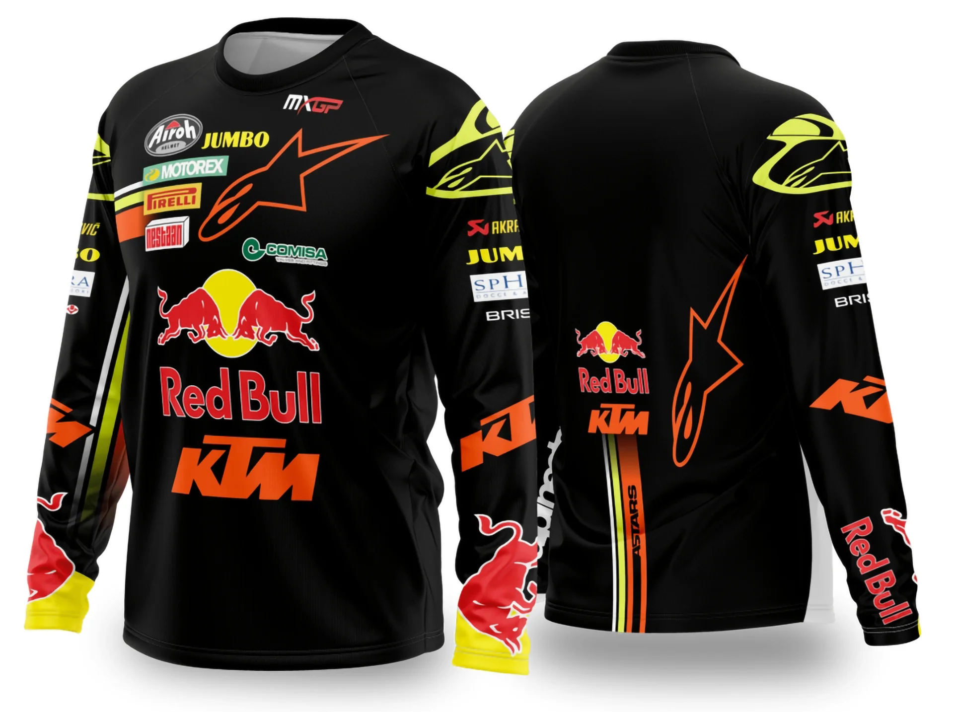 Camiseta unissex preta com logo no peito e estampa grande nas costas em tema Motocross 2024 - 2025, perfeita para fãs do esporte e entusiastas do motociclismo.
