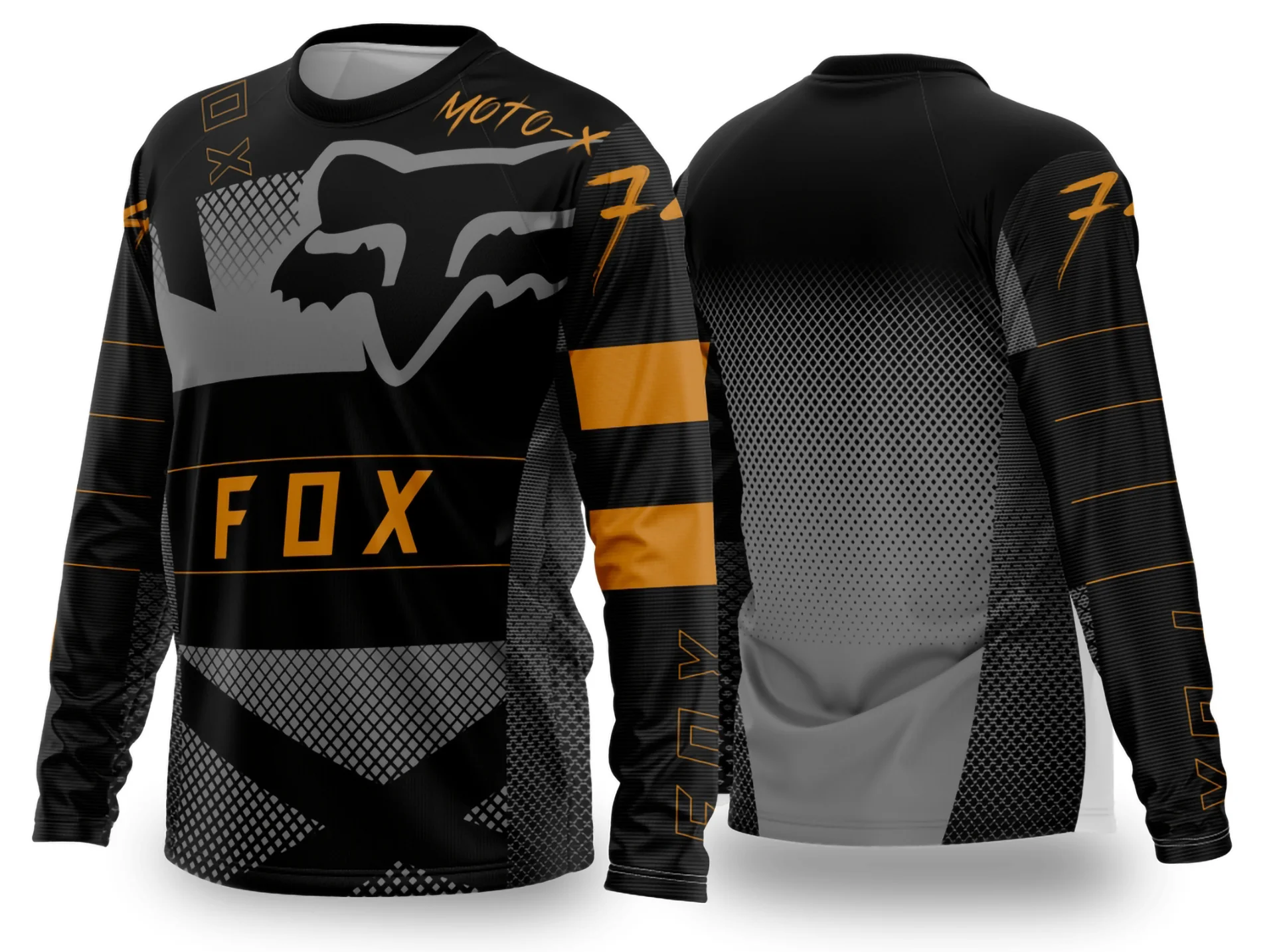 Camiseta unissex preta com logo no peito e estampa grande nas costas, temática motocross 2024-2025, ideal para fãs do esporte em design moderno e atraente.