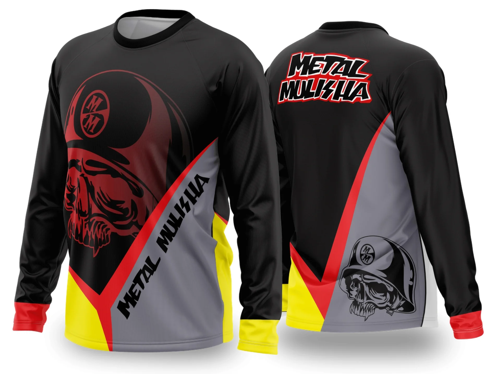 Foto de camiseta unissex preta com logo no peito e estampa grande nas costas, temática motocross 2024-2025, estilo moderno e esportivo para fãs do esporte.