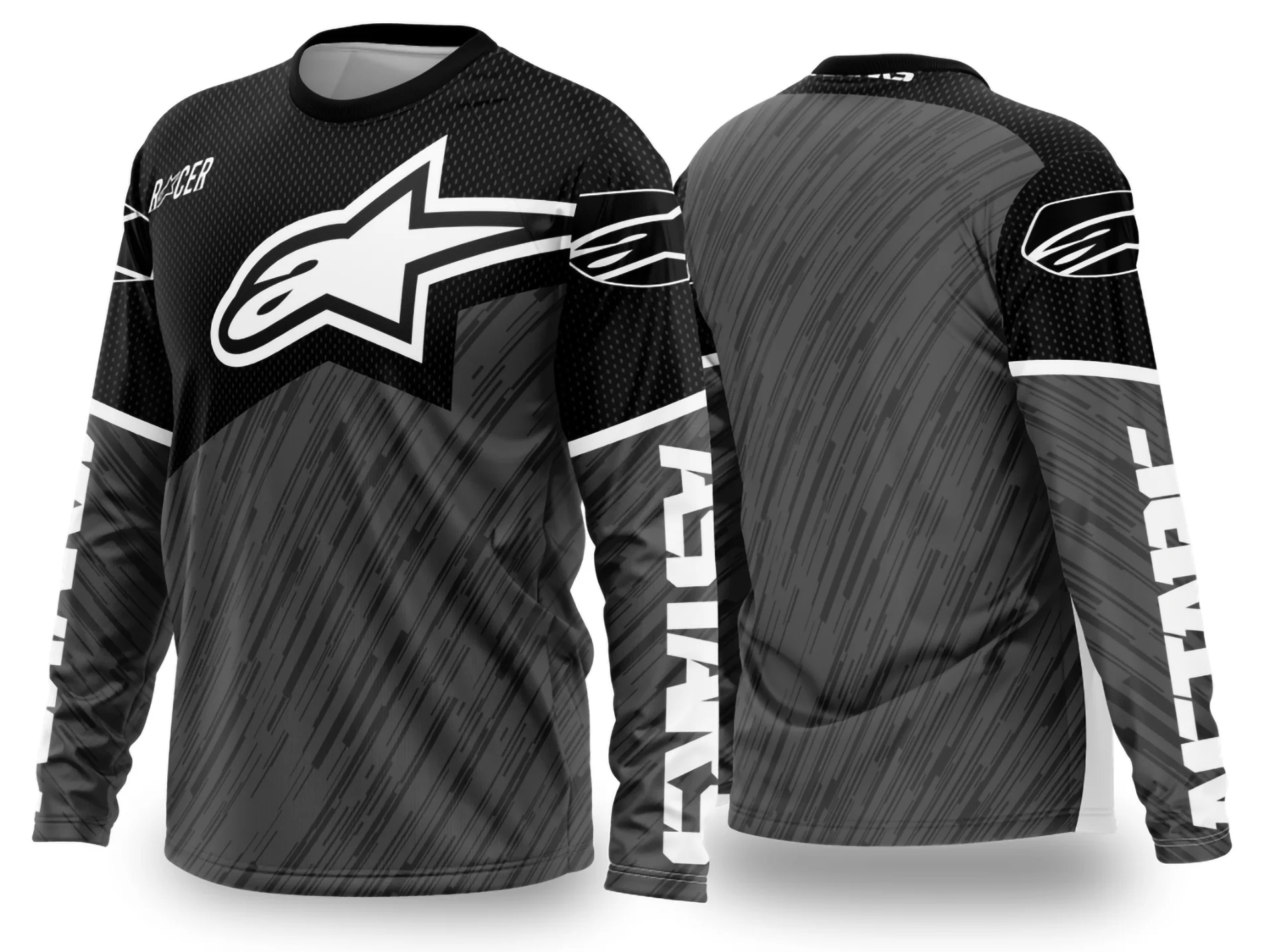 Camiseta unissex preta com logo no peito e estampa grande nas costas com tema motocross 2024-2025, ideal para fãs de velocidade e adrenalina.