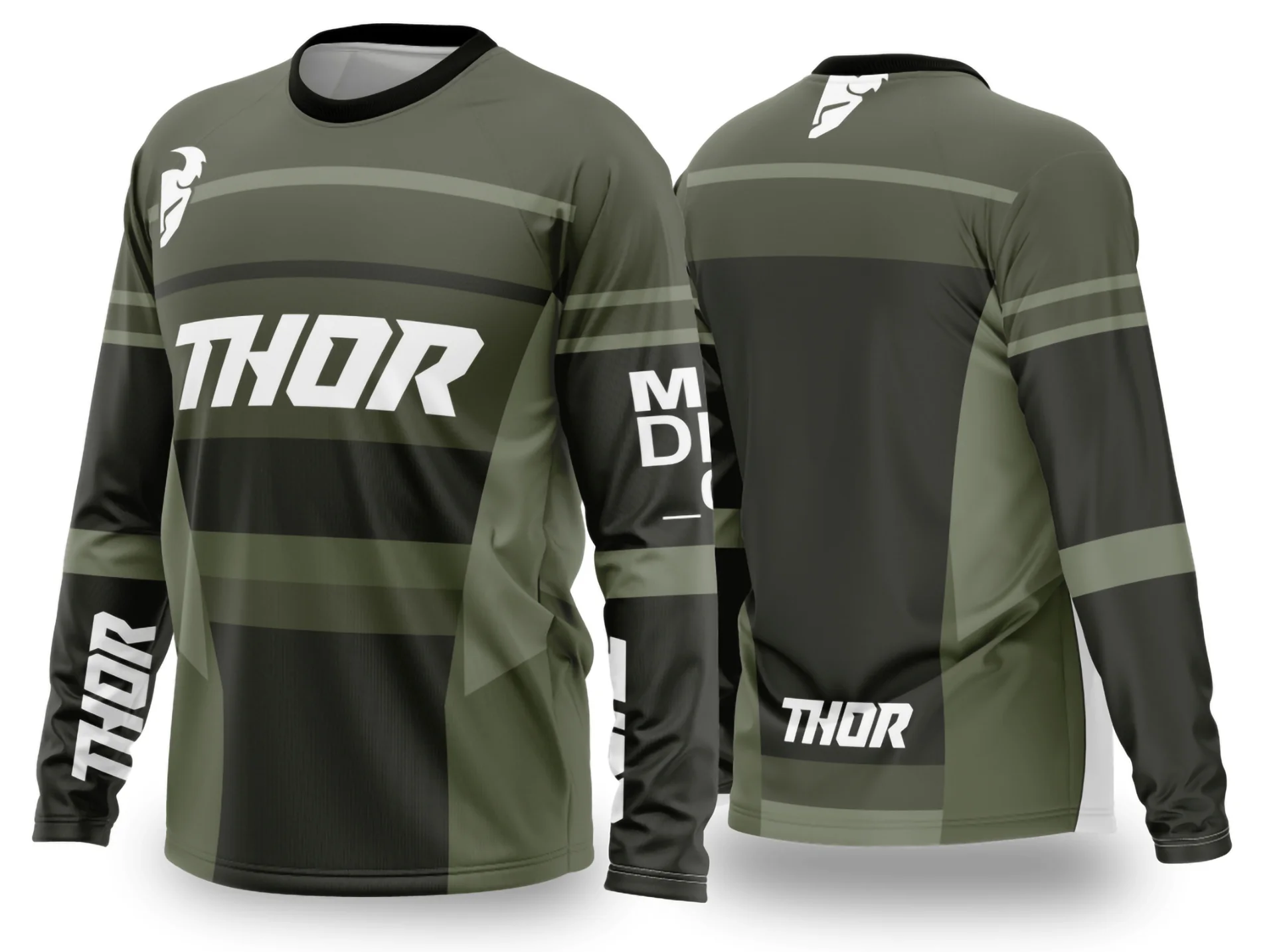 Camiseta unissex preta com logo no peito e estampa grande nas costas, tema motocross 2024 - 2025, design moderno e arrojado para fãs do esporte.