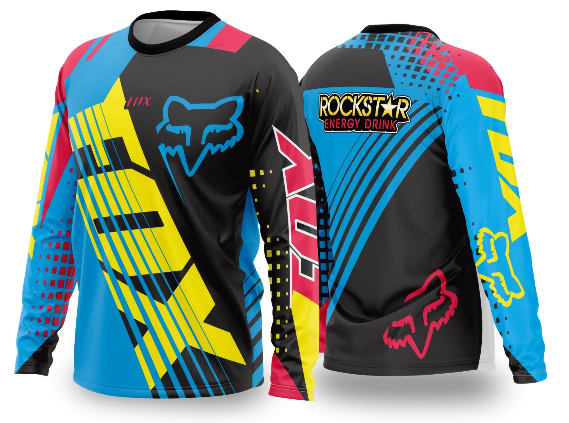 Camiseta unissex com base preta, logo no peito e estampa grande nas costas, tema motocross 2024 - 2025, perfeita para fãs do esporte off-road.