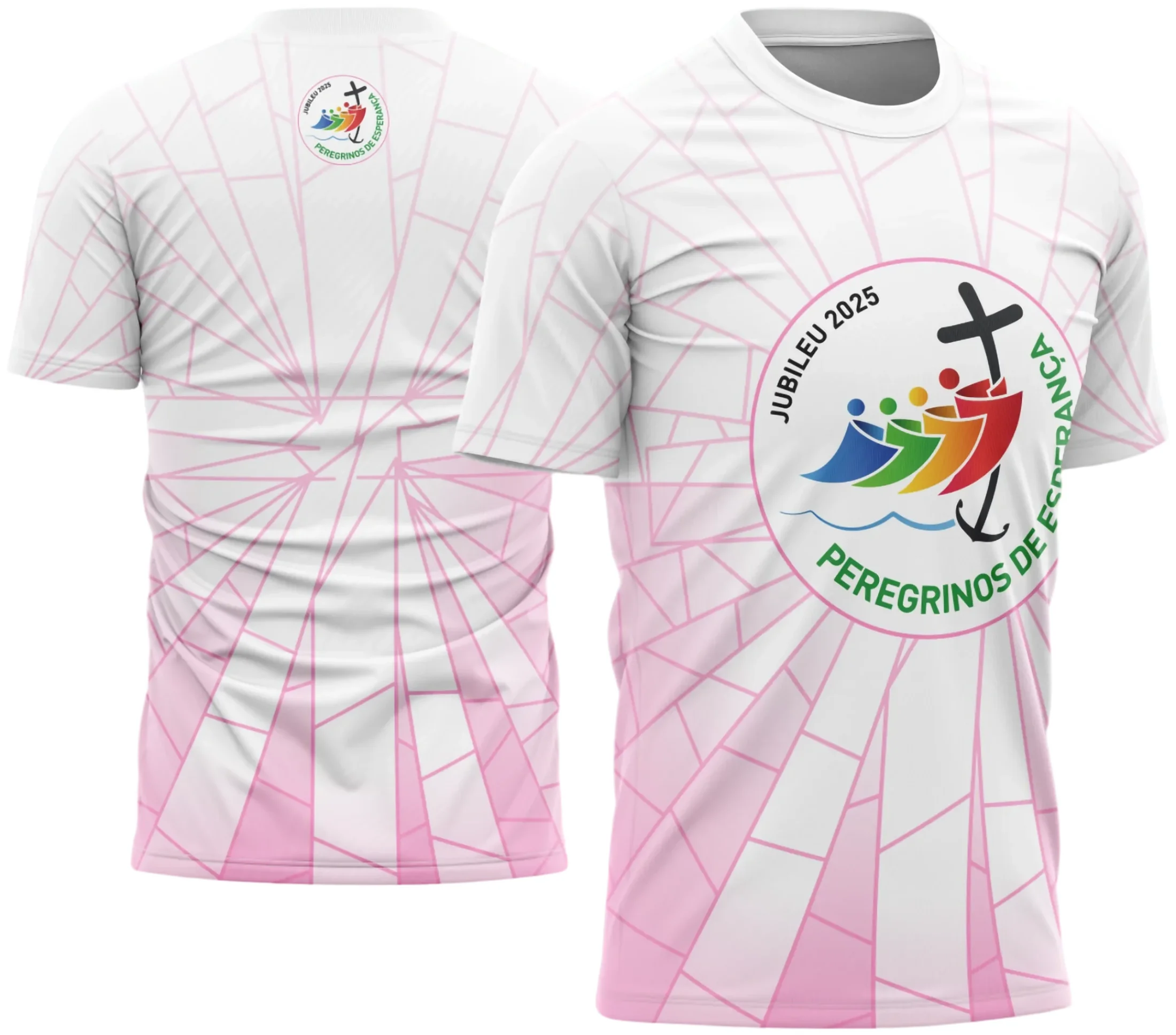 Camisa com logo no peito discreto e uma estampa grande nas costas mostrando peregrinos caminhando com esperança e fé, em cores vibrantes que destacam a espiritualidade da arte.