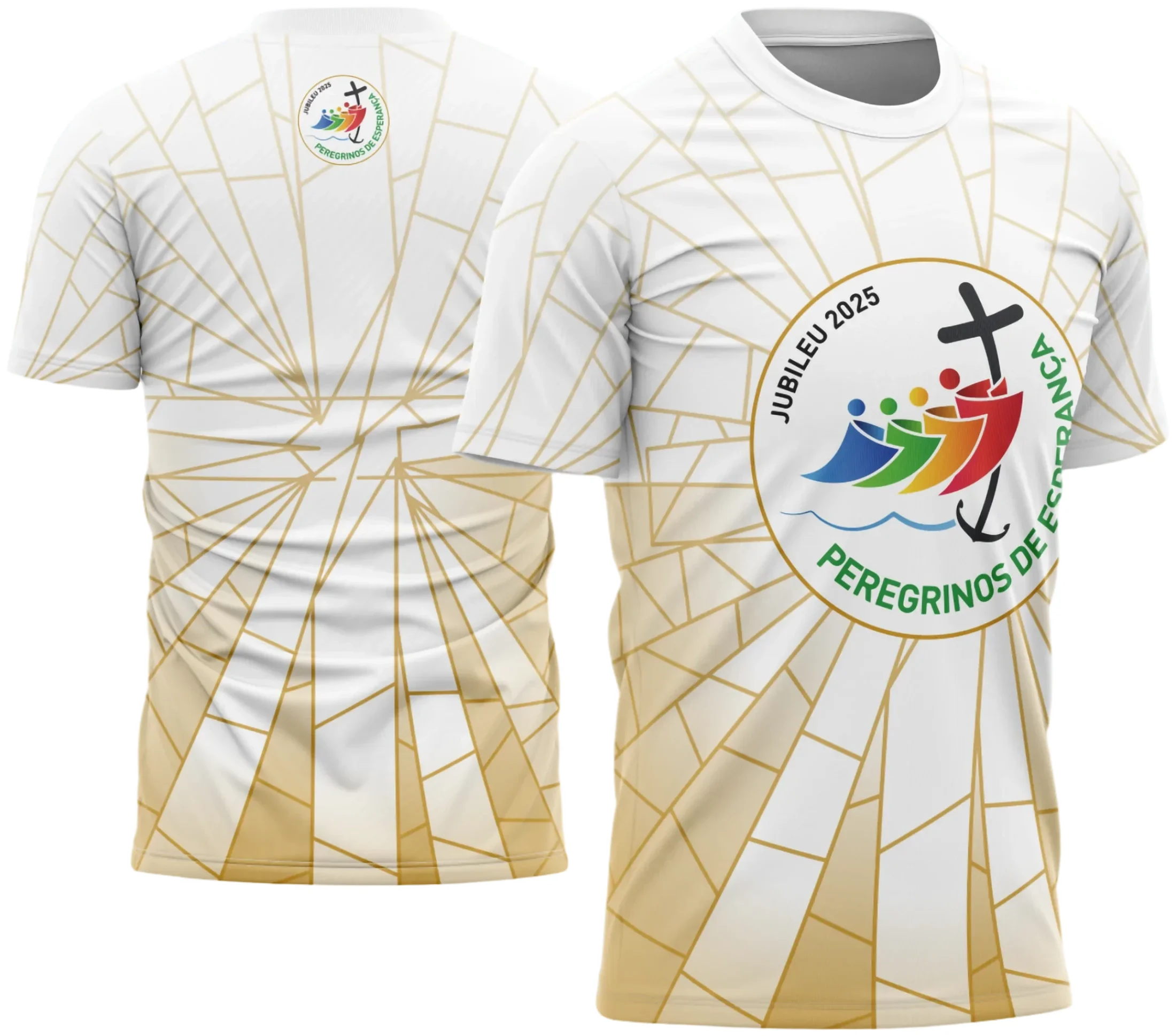 Camisa com logo no peito e estampa grande nas costas representando peregrinos em caminhada de fé, em estilo artístico que transmite esperança e espiritualidade profunda.