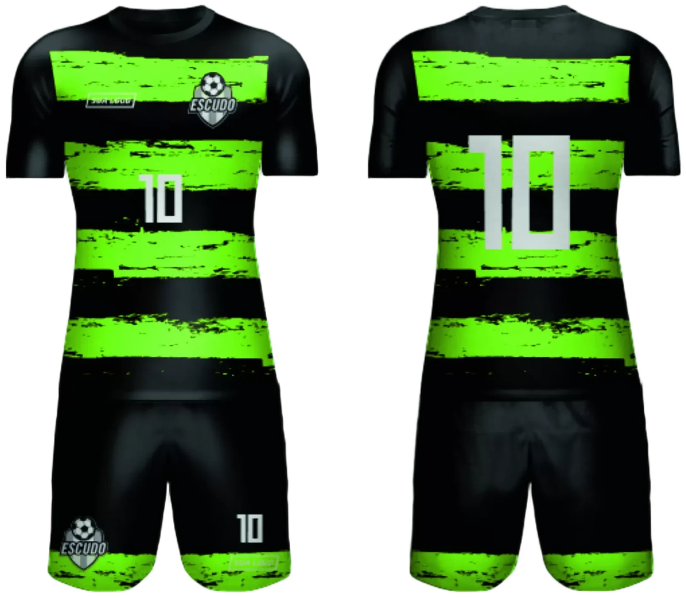 Camiseta unissex preta com logo no peito e estampa grande nas costas temática de time amador 2024, estilo moderno e vibrante, ideal para torcida e equipe.