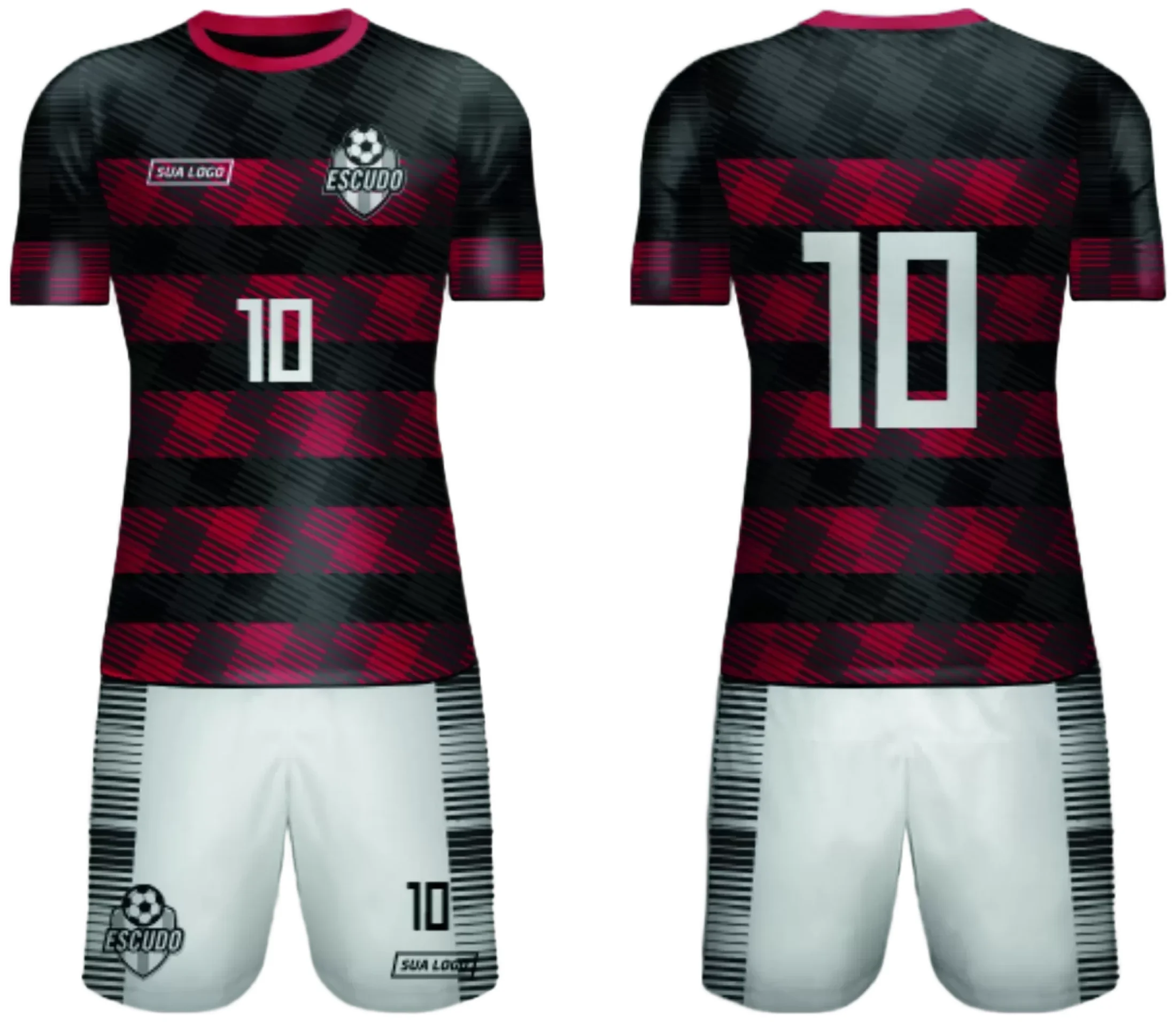 Camiseta unissex com cor base preta, logo no peito e estampa grande nas costas com tema de time amador 2024, perfeita para jogos e torcida.