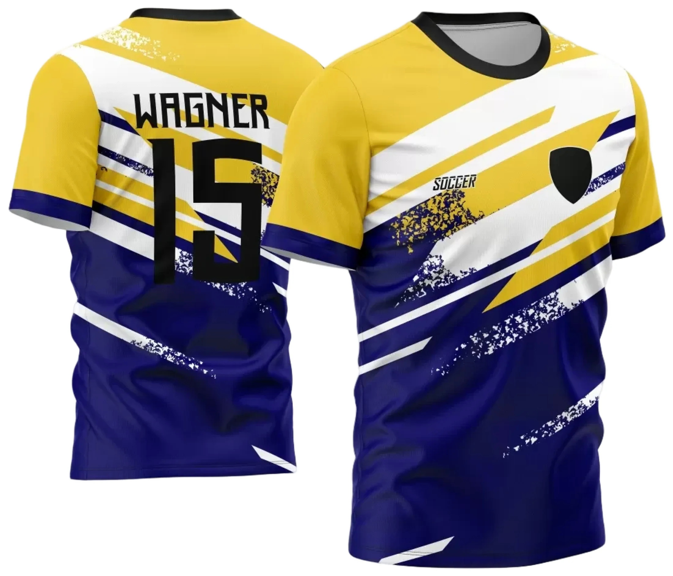 Camiseta unissex preta com logo no peito e estampa grande nas costas, tema camisa de time amador 2024, ideal para times, eventos e torcidas.