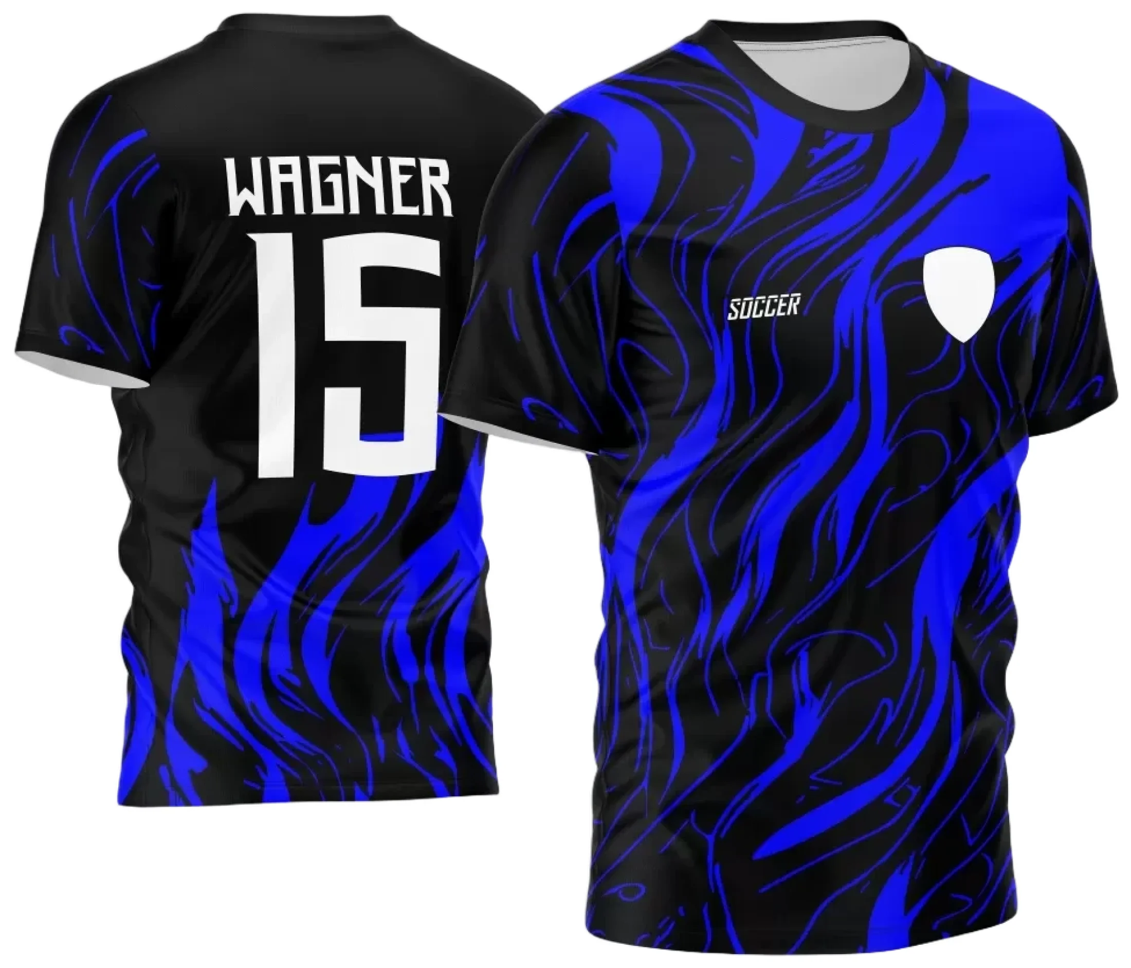 Foto de camiseta preta unissex com logo no peito e estampa grande nas costas, tema Camisa de Time Amador 2024, ideal para torcida e eventos esportivos.