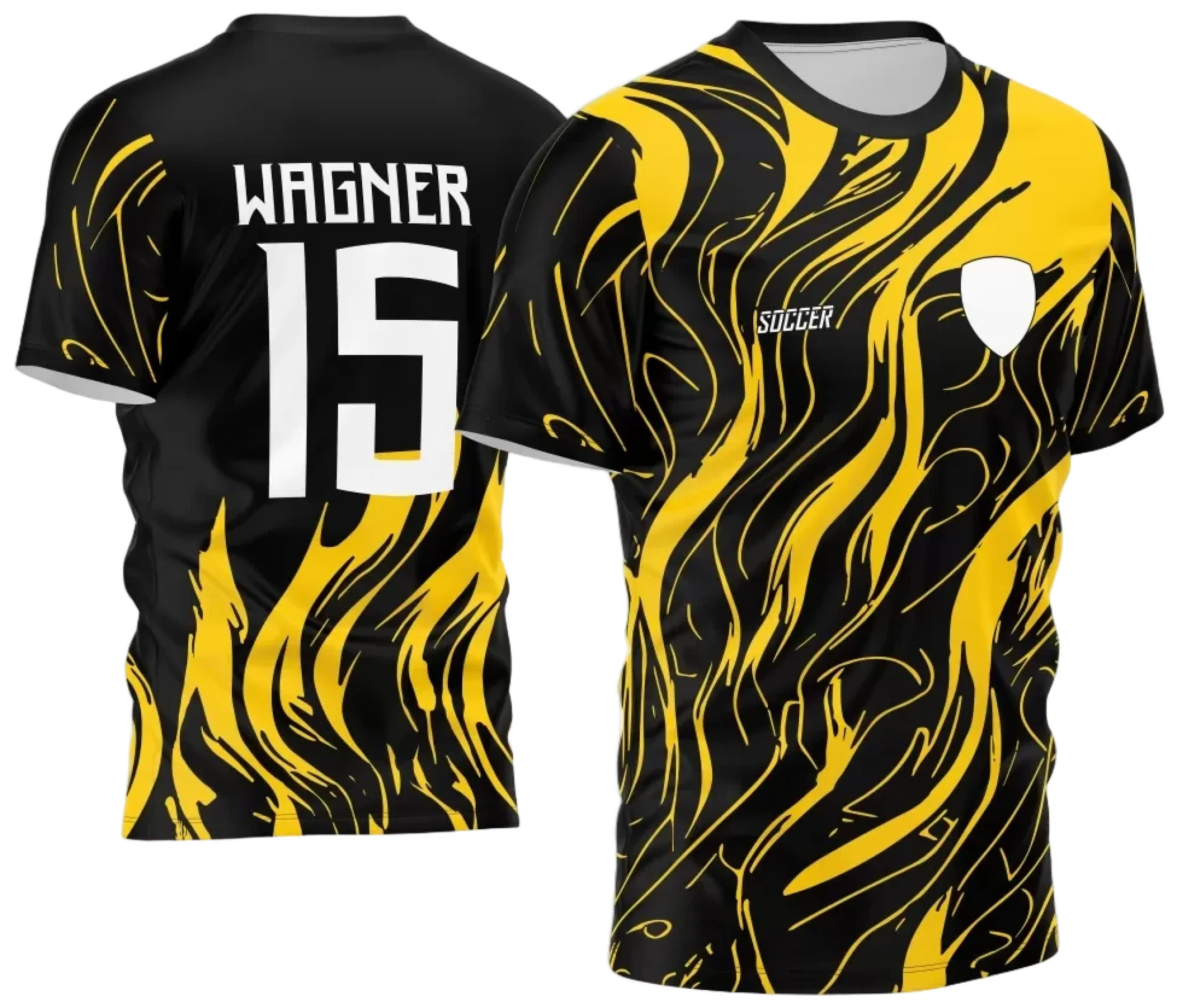 Camiseta unissex com cor base preta, logo no peito e estampa grande nas costas com tema camisa de time amador 2024, ideal para torcer com estilo e conforto.