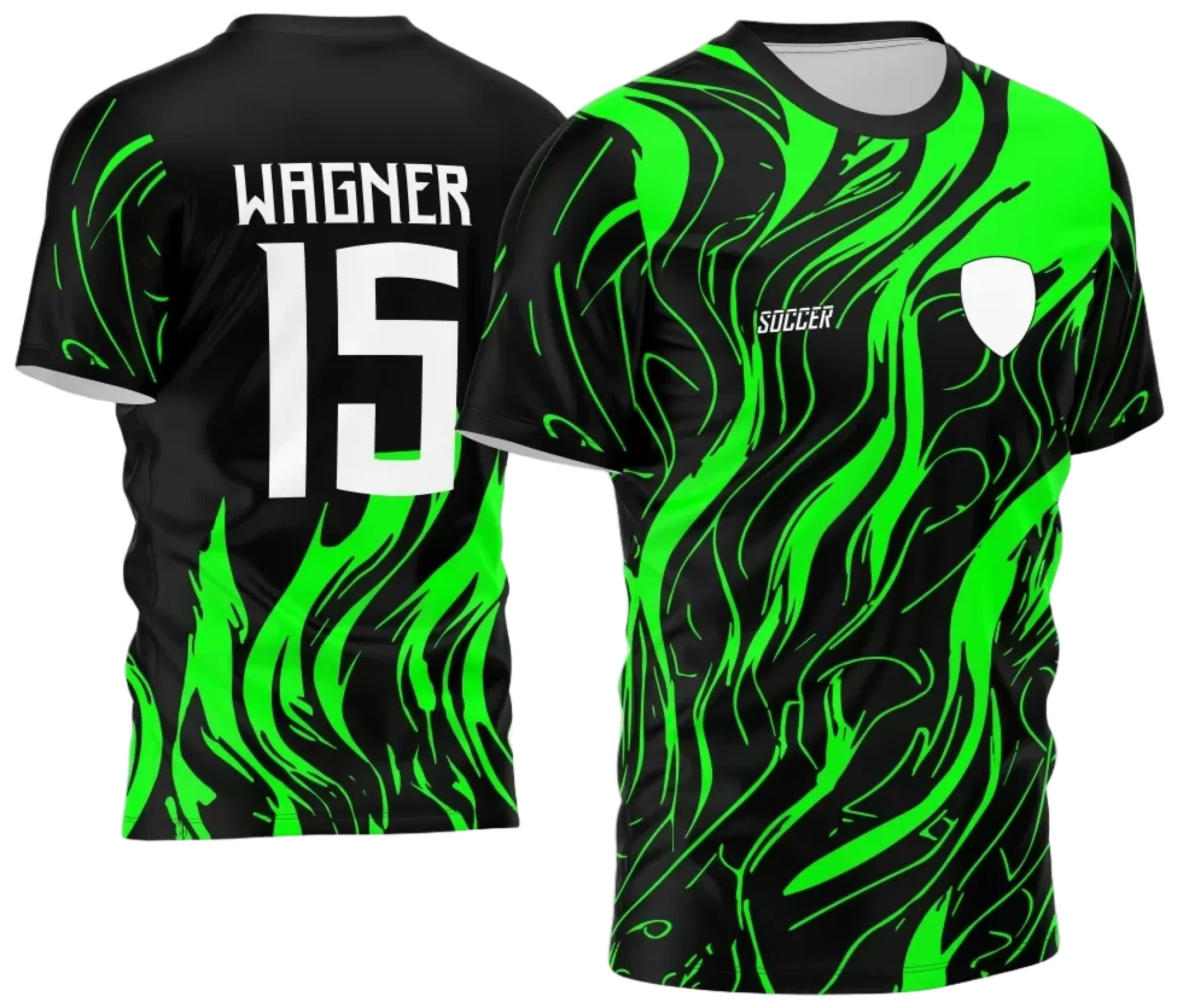 Camiseta preta unissex com logo no peito e estampa grande nas costas, tema Camisa de Time Amador 2024, perfeita para equipes amadoras que buscam estilo e identidade.