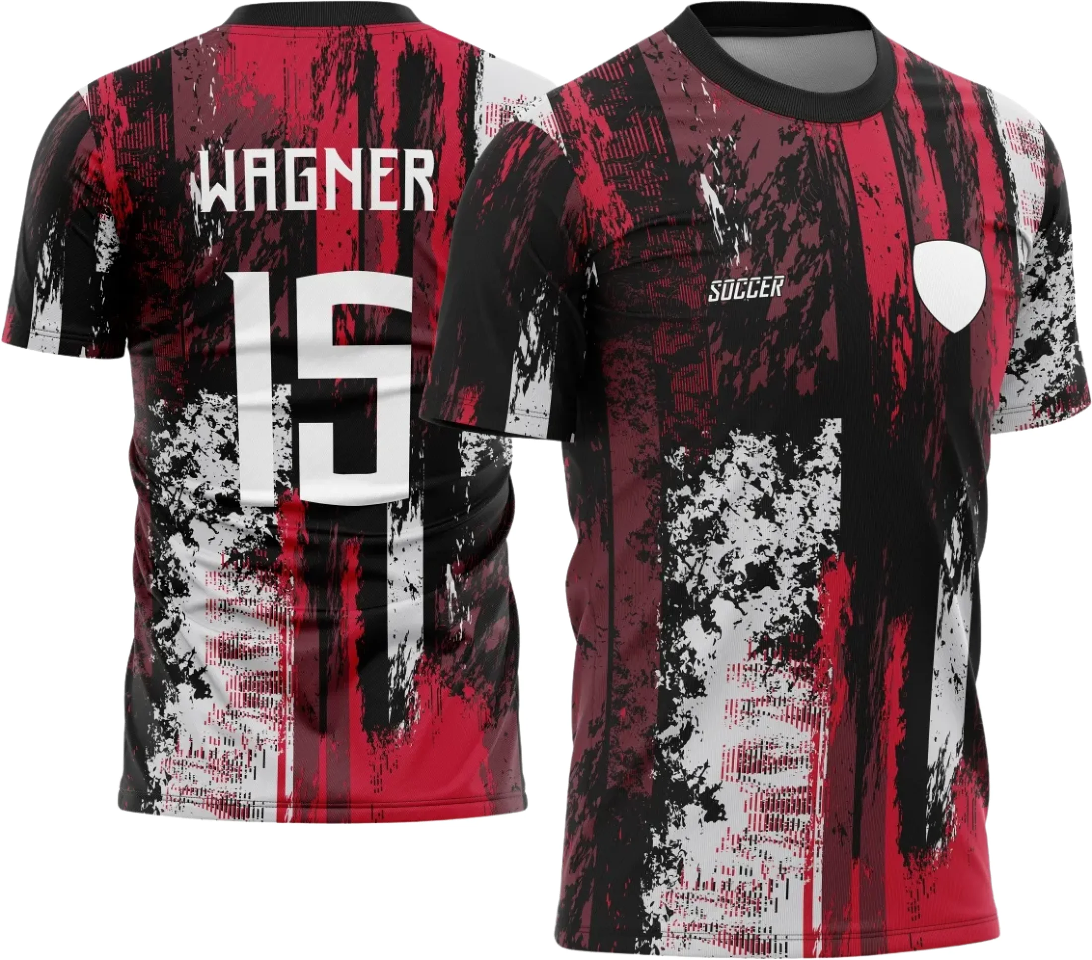 Camiseta unissex branca com logo no peito e estampa grande nas costas com tema de time amador, destacando espírito de equipe e paixão pelo futebol