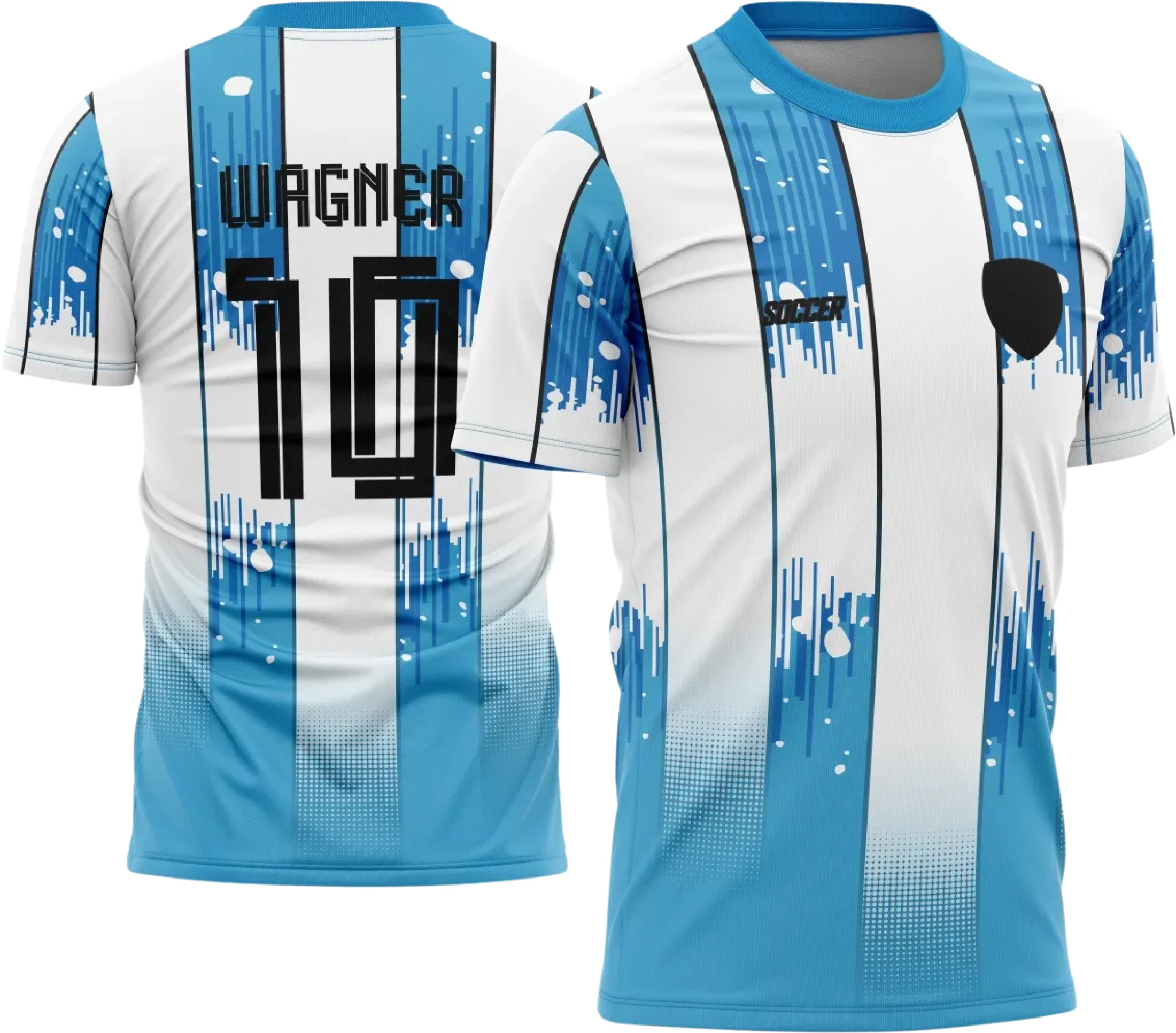 Camiseta unissex preta com logo no peito e estampa grande nas costas, destacando o tema de camisa de time amador para torcida e eventos esportivos.