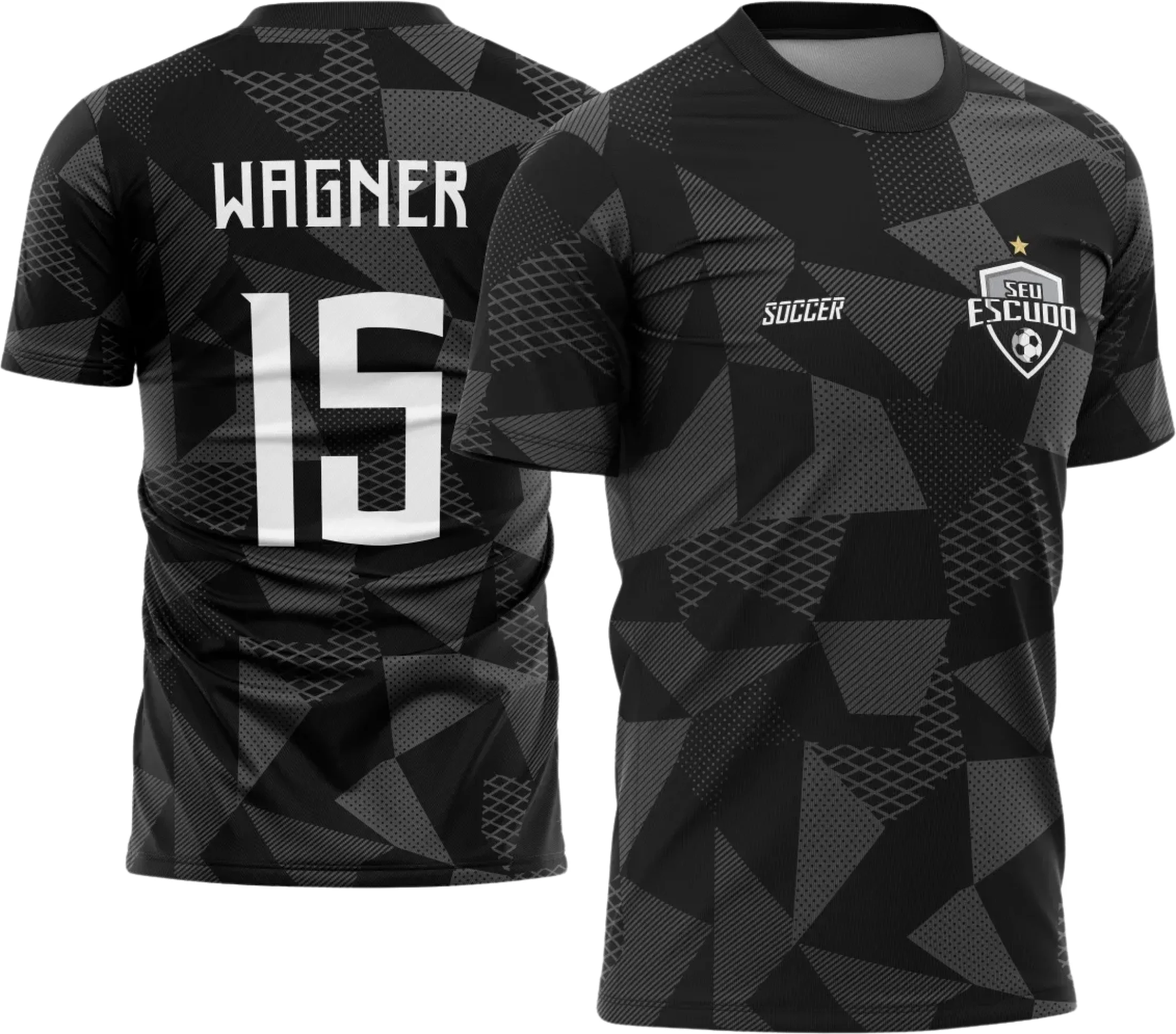 Camiseta unissex preta com logo no peito e estampa grande nas costas, tema camisa de time amador, ideal para esportes e eventos.