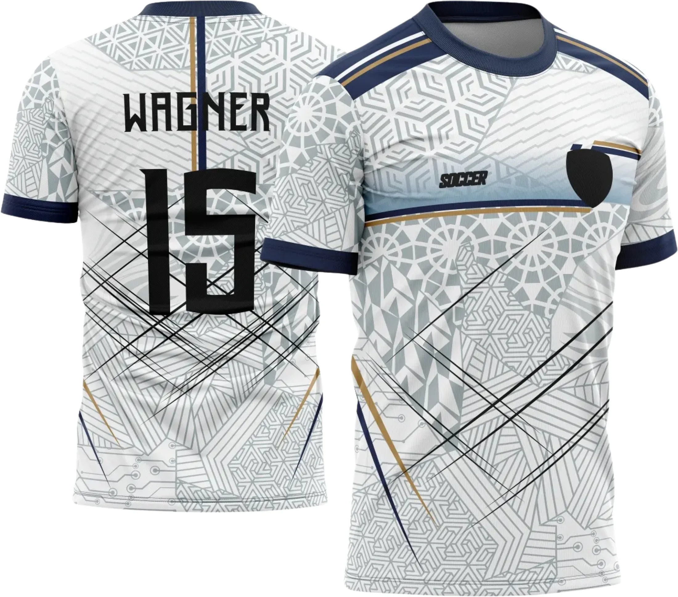 Camiseta unissex preta com logo no peito e estampa grande nas costas com tema de time amador geométrico, design moderno e esportivo.