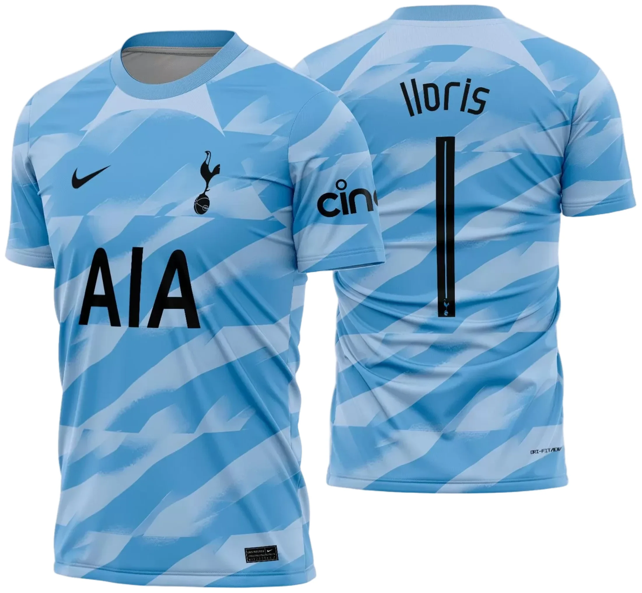 Camiseta unissex com logo no peito e estampa grande nas costas, baseada na camisa do goleiro do Tottenham 2024, cor preta, design moderno e vibrante para fãs do time.