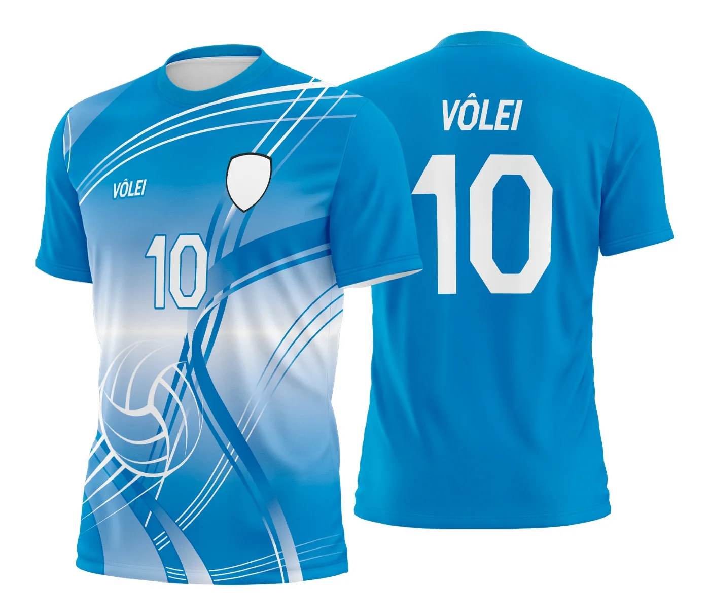 Camiseta unissex branca com logo no peito e estampa grande nas costas com tema de camisa de vôlei, ideal para praticantes e fãs do esporte.