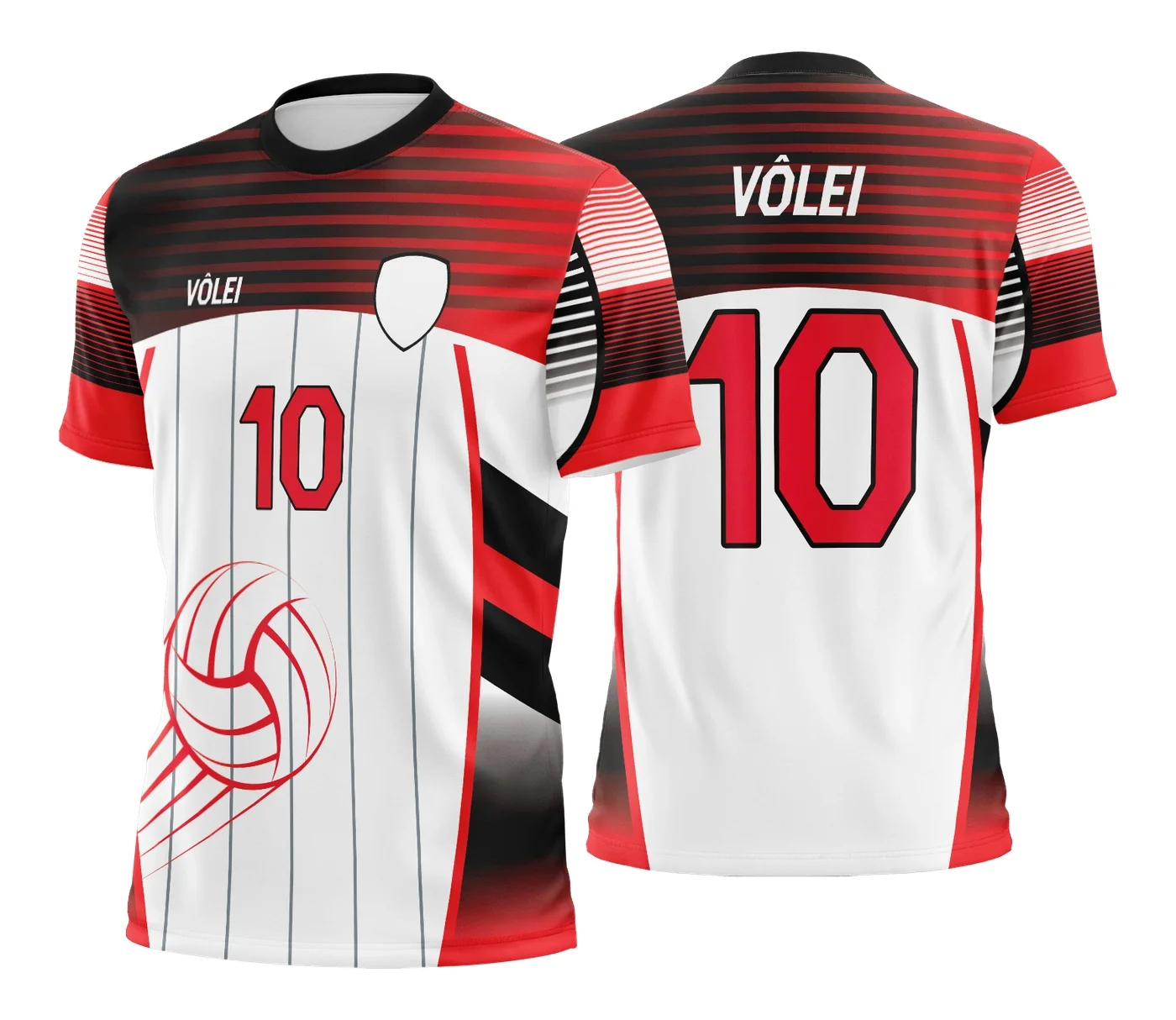 Camiseta unissex branca, com logo no peito e estampa grande nas costas inspirada em vôlei, perfeita para jogadores e fãs do esporte.